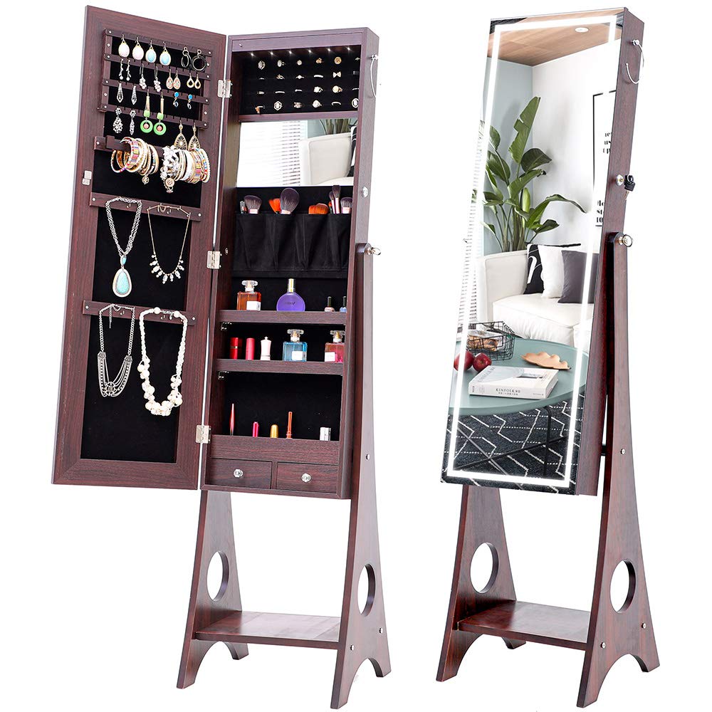Veryke Large Jewelry Armoire Storage Cabinet - Freestanding Lockable Jewelry Organizer with LED Lights, Mirror & Drawers for Women's Bedroom (Brown) | Perfect for Necklace, Ring & Earring Storage | Bedroom Decor & Gift Idea