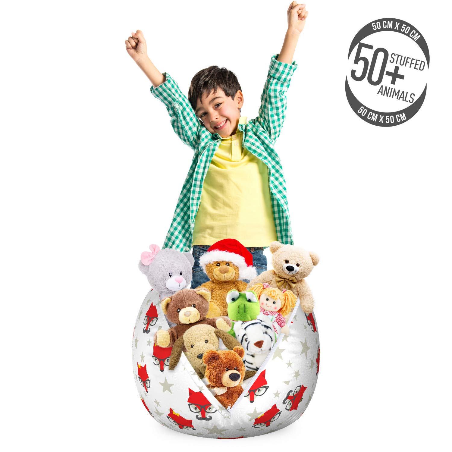 Ambesonne Cartoon Toy Storage Bag Chair - Hipster Foxes with Hats & Glasses on Stars Pattern, Funny Animal Stuffed Toy Organizer, Washable Small Size (Coconut Scarlet & Grey) - Perfect for Kids' Room, Playroom & Nursery Organization