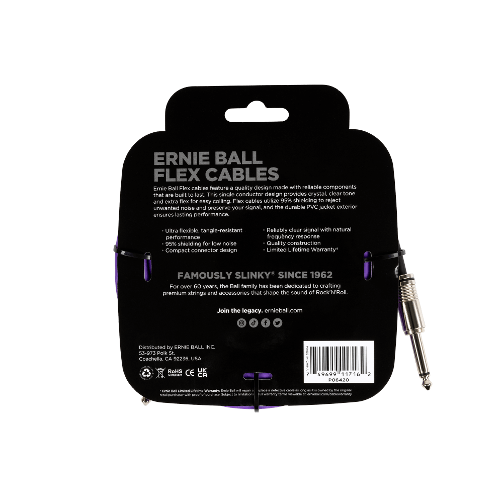 Ernie Ball 20Ft Purple Flex Instrument Cable - Straight to Straight Connector for Guitar, Bass & Audio Equipment | Perfect for Live Performances & Studio Recording