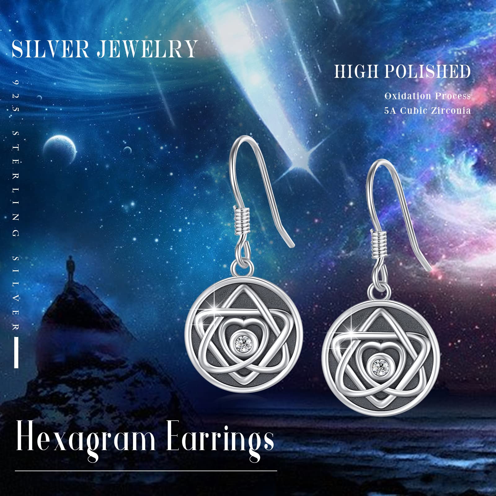925 Sterling Silver Pentacle Earrings for Women - Hexagram Dangle Drop Earrings | Witchy Boho Jewelry Gift for Daughter, Sister, Friend | Perfect for Wiccan Rituals, Pagan Celebrations & Everyday Wear