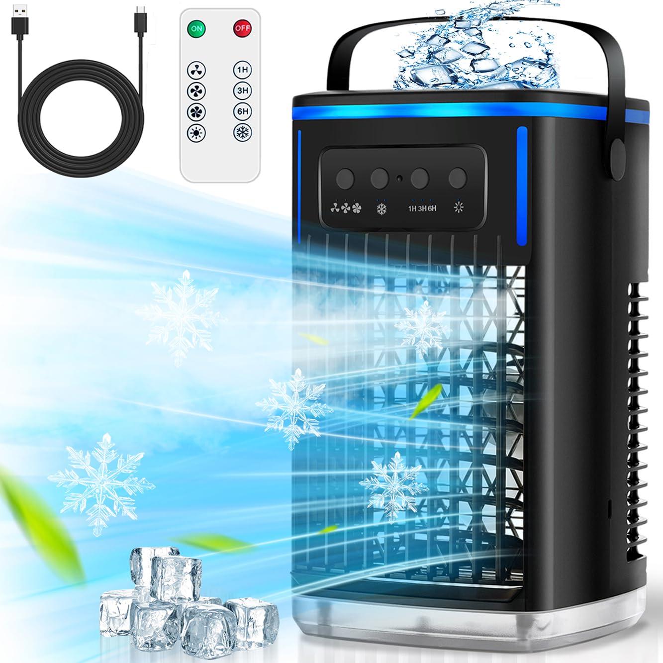 KEDESY Portable Air Conditioner Fan - 1500ml Evaporative Mini Air Cooler with Humidifier, 3 Speed Settings & 1-6H Timer - Personal Cooling for Home, Office, Bedroom, Camping & Outdoor Activities (Black)