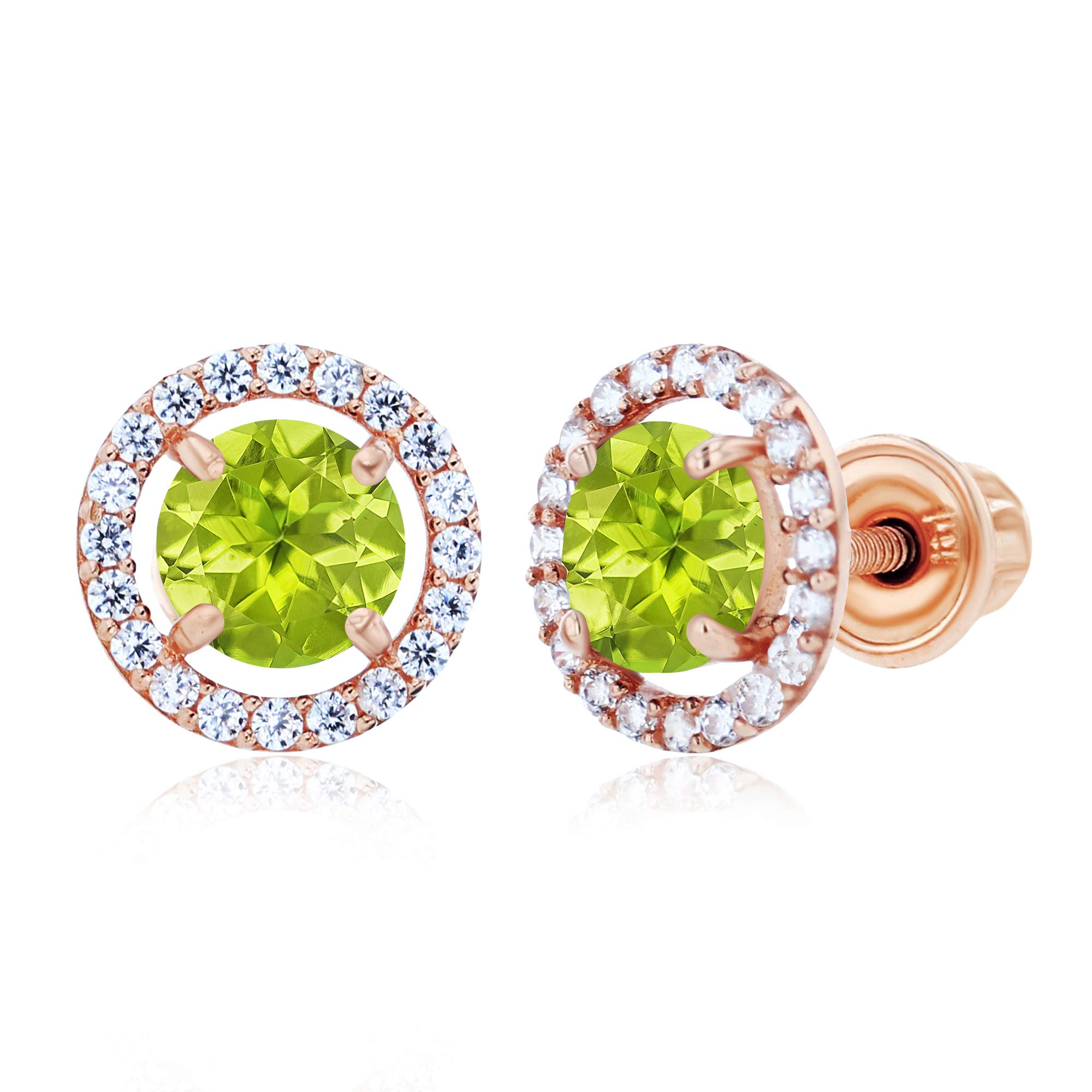 14K Solid Gold 8mm Halo Natural Birthstone Screwback Stud Earrings for Women | 5mm Round Birthstone with 1mm White Sapphire Halo | Perfect for Birthdays, Anniversaries & Special Occasions