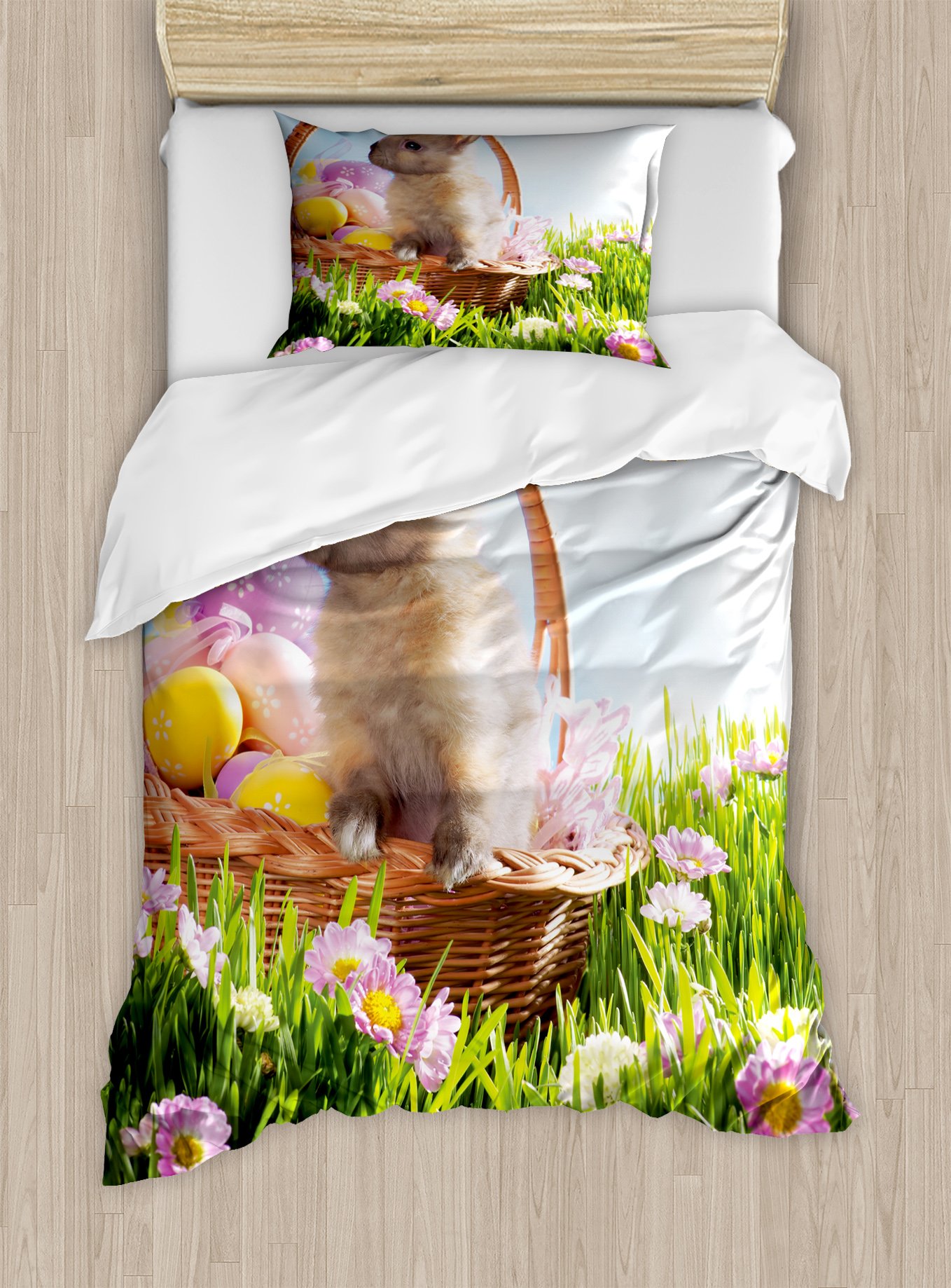 Lunarable Easter Duvet Cover Set - Basket with Eggs & Bunny Rabbit in Floral Grass Field - 2 Piece Twin Size Bedding with Pillow Sham - Multicolor Spring Decor for Kids' Room & Holiday Guest Bedding