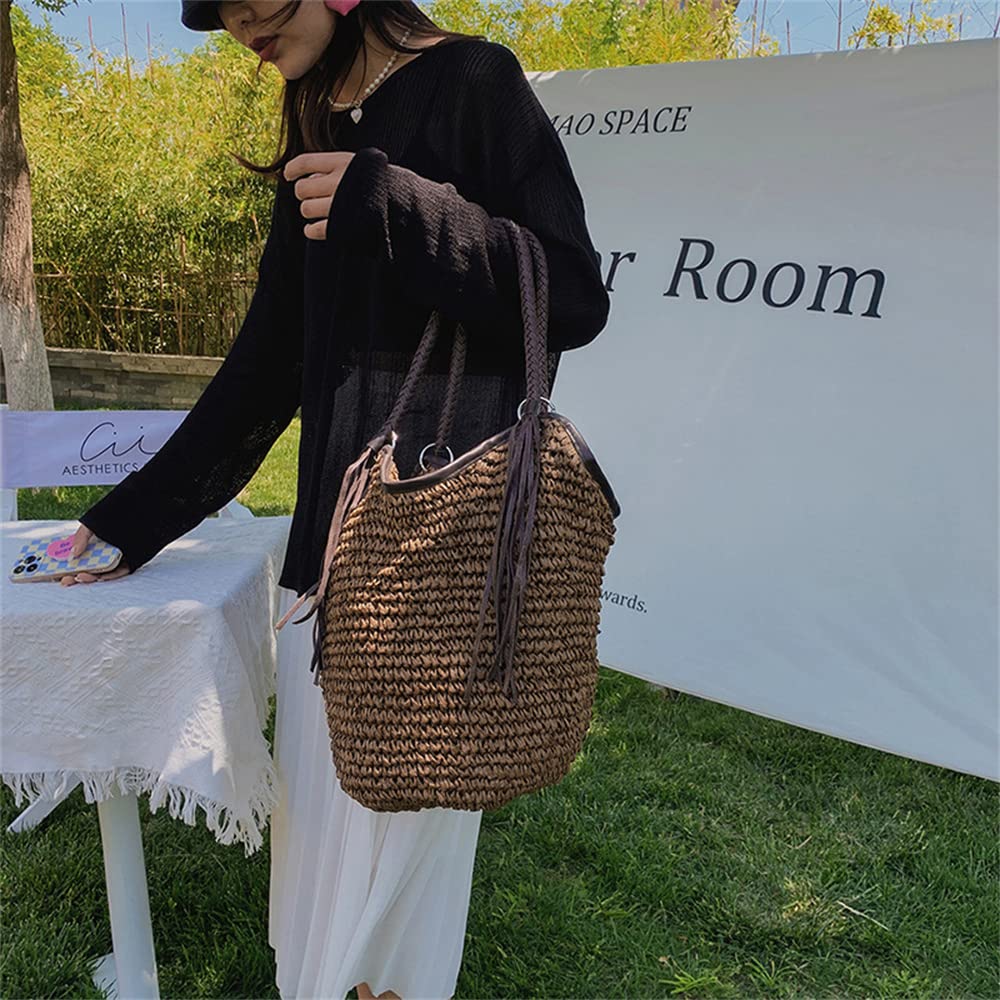 Boho Straw Tote Bag with Leather Tassels - Beach & Summer Handbag