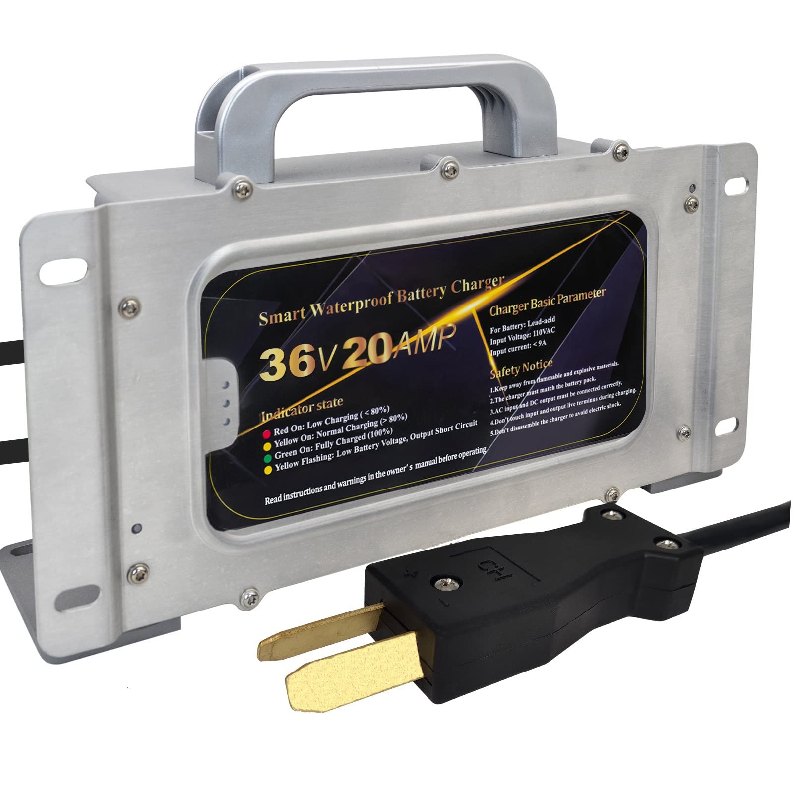 36V 20AMP Waterproof Golf Cart Battery Charger - Compatible with Club Car, EZGO & Yamaha 36 Volt Golf Carts (Crowfoot Plug) | Fast Charging for Golf Courses, Resorts & Home Use