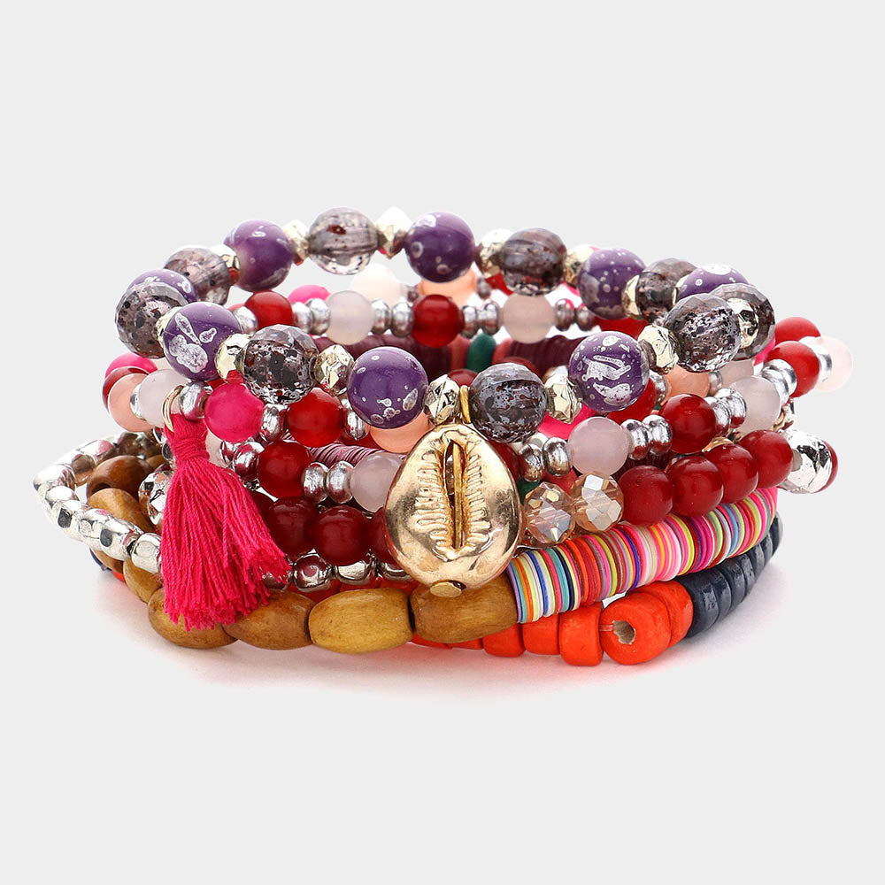 10PCS Puka Shell Flower Tassel Charm Wood Heishi Beaded Stretch Bracelets for Women - Boho Beach Jewelry for Summer, Festivals & Layering