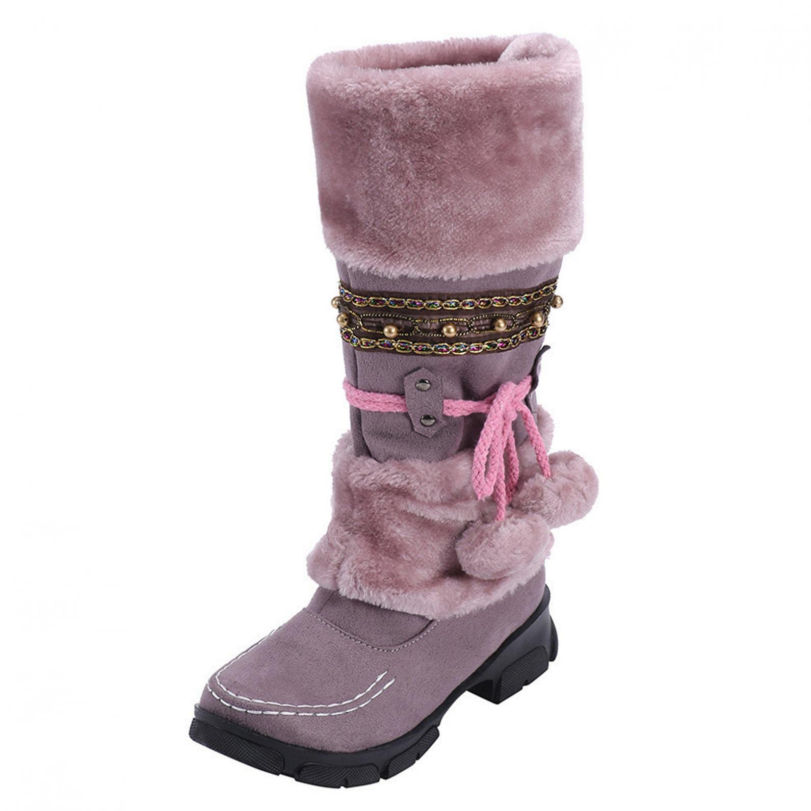 Women's Winter Boots - Fashionable Warm Snow Boots with Retro Faux Fur Strap & Thick Heel | Mid-Calf Suede Slip-On Boots for Snowy Days, Outdoor Activities & Casual Winter Wear