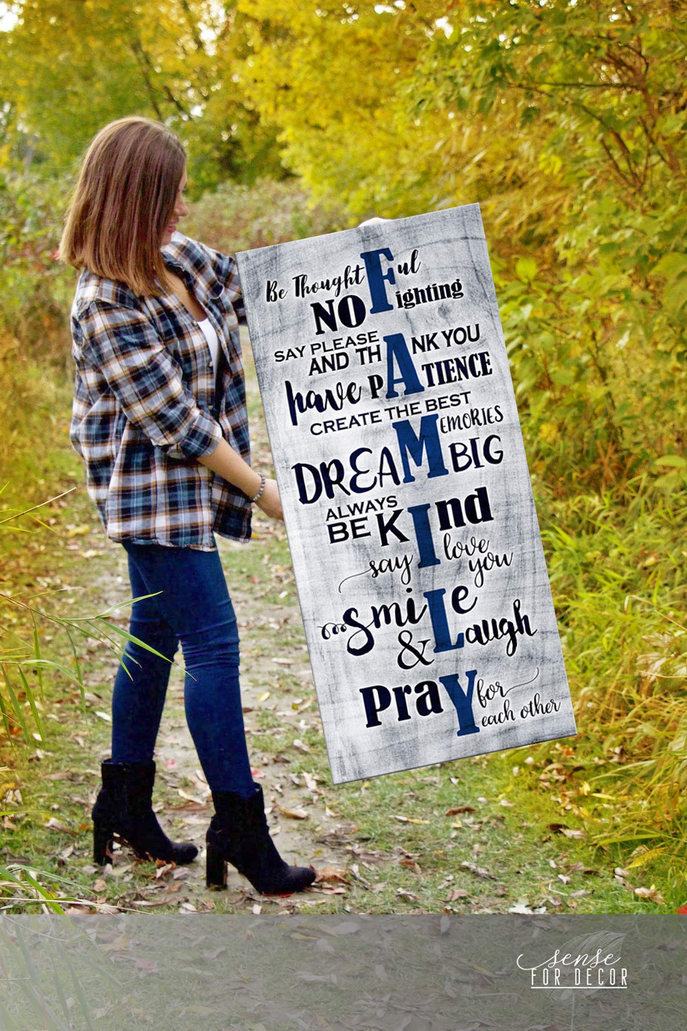 Farmhouse Family Sign Wall Art - Large 19x42 Inch Framed Canvas for Living Room & Family Room Decor - Rustic Blue Home Décor for Cozy Farmhouse Style