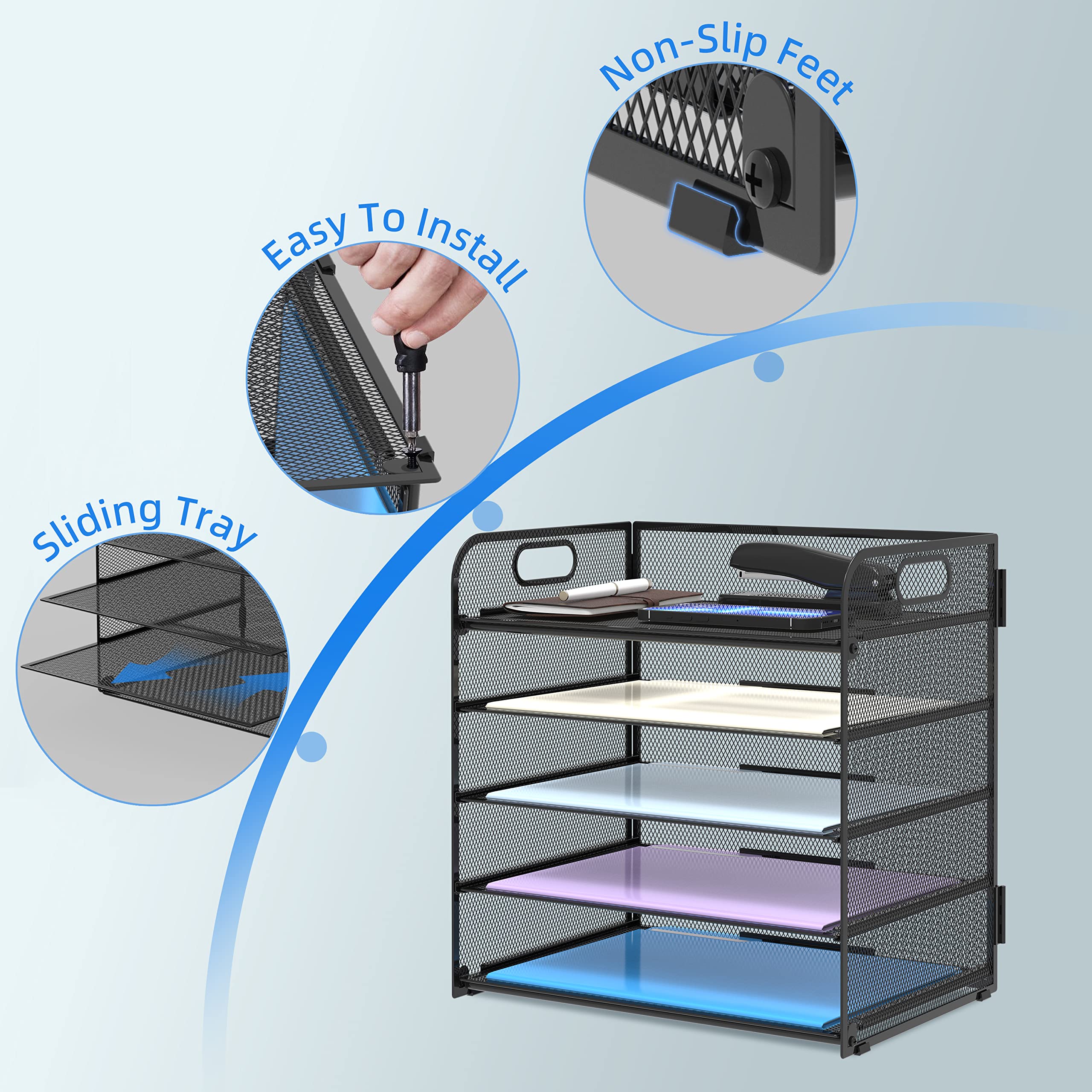 Supeasy 5-Tier Mesh Desk File Organizer with Handles - Letter Tray Paper Sorter for Office, Home & School - Perfect for Bills, Mail, Documents & Office Supplies Organization