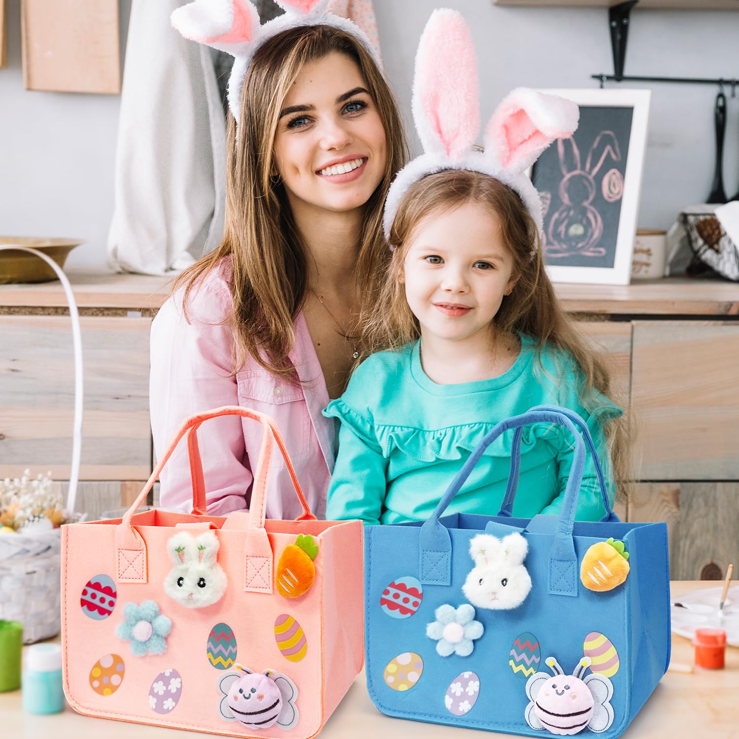 Aviski 2-Pack Easter Egg Hunt Bags with Handles - Pastel Pink & Light Blue Felt Easter Bunny Gift Bags (12