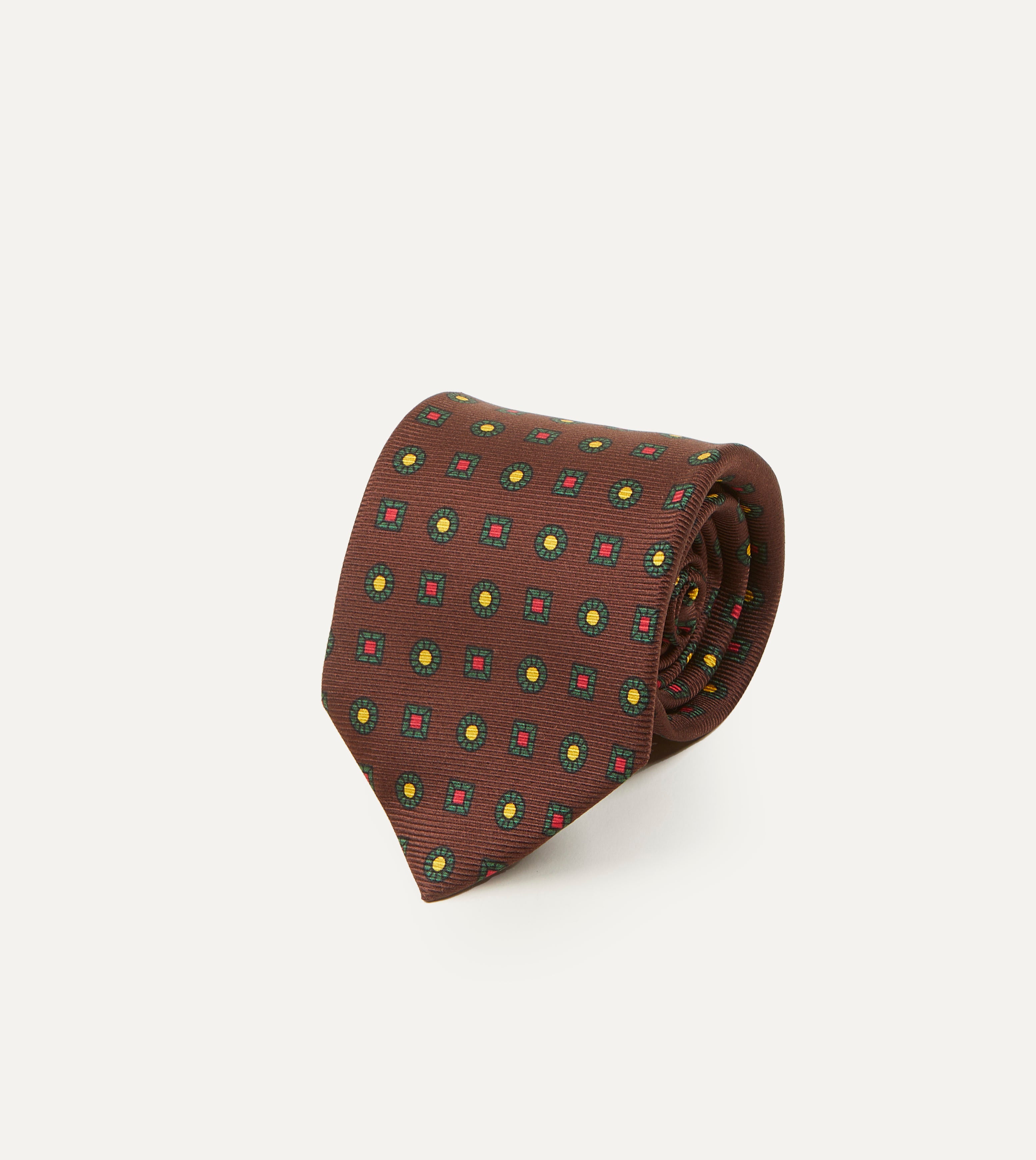 Elegant Brown & Green Geometric Medallion Print Silk Tie for Men | Premium Madder Twill Fabric | Perfect for Business, Weddings & Formal Occasions