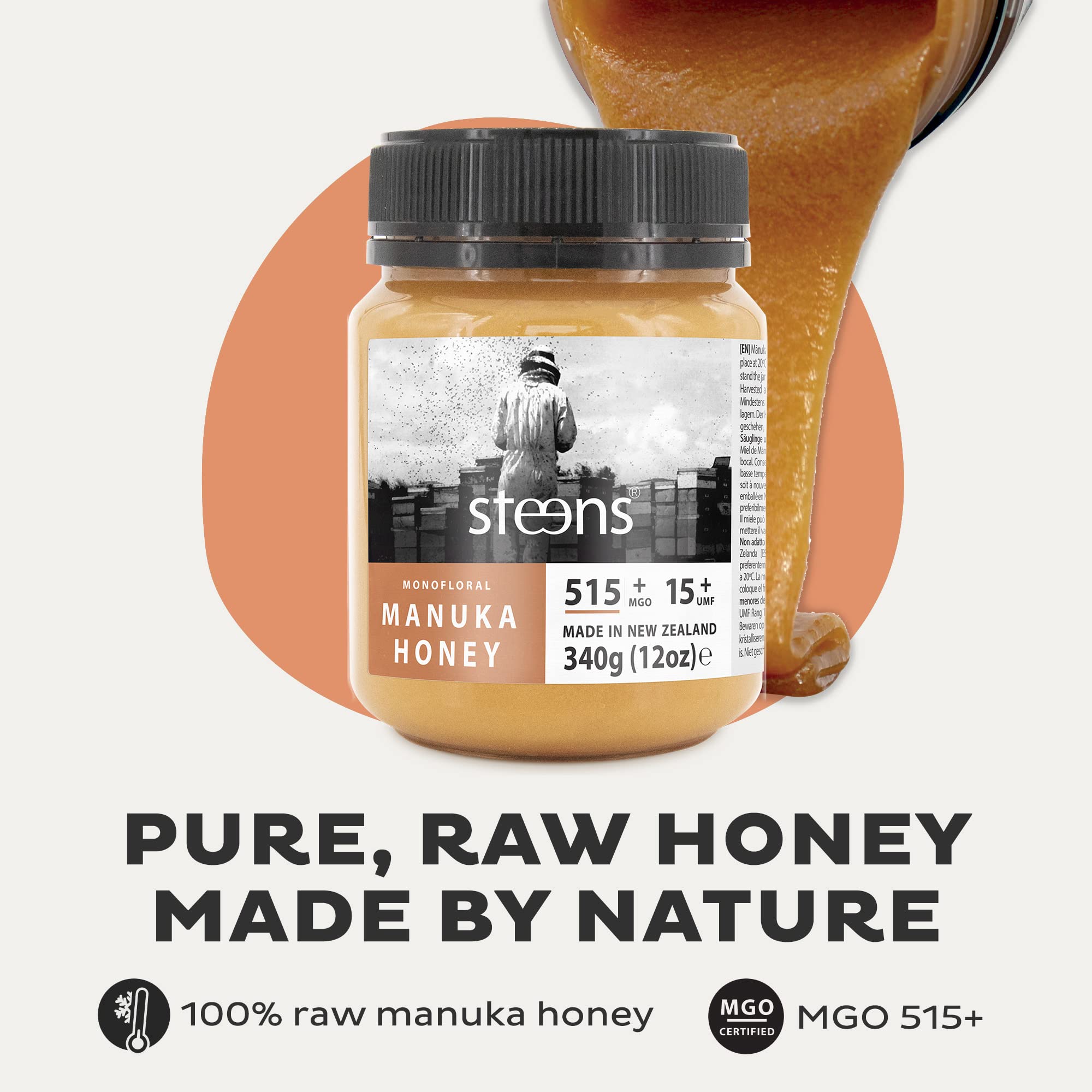 STEENS NZ Beekeeper 15+ MGO Manuka Honey 340g - Raw & Pure New Zealand Honey for Immune Support, Wellness & Daily Nutrition