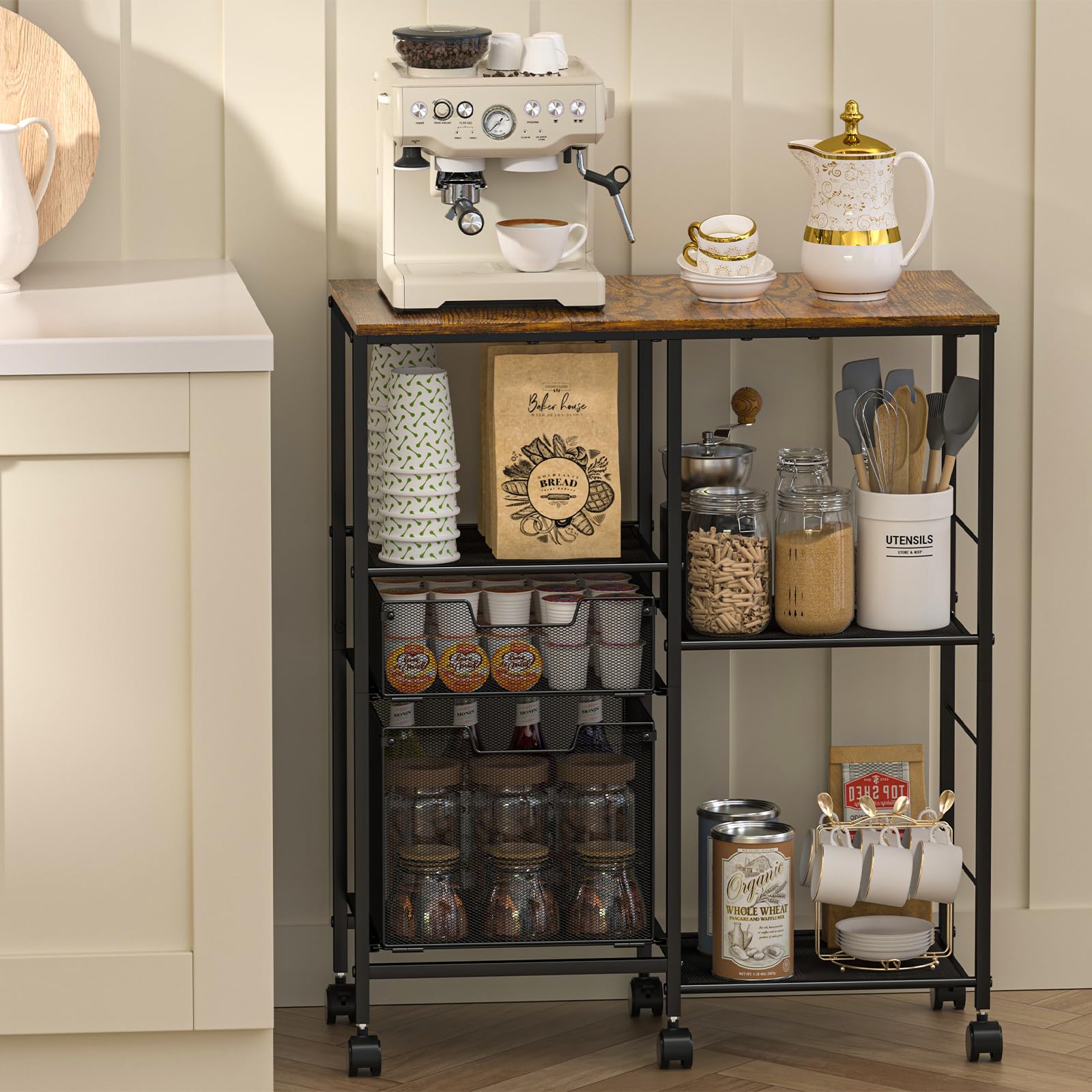 Rolling Microwave Cart with Storage & Drawers - Mobile Kitchen Island Cart with Wheels, Bakers Rack & Coffee Bar Station - Perfect for Small Kitchens, Apartments & Pantry Organization