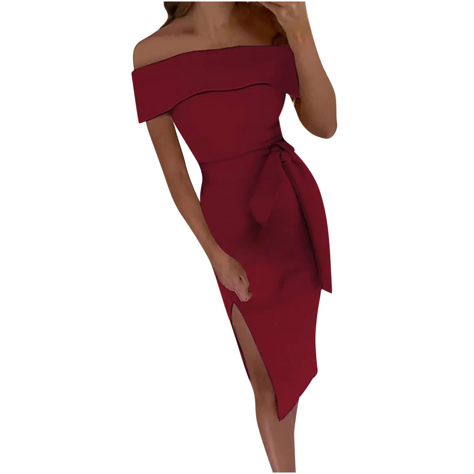 BmkBWO Women's Sexy Off Shoulder Wedding Guest Dress - Short Sleeve Split Tie Waist Midi Cocktail Dress (Solid Colors) - Perfect for Bridal Showers, Date Nights & Special Occasions