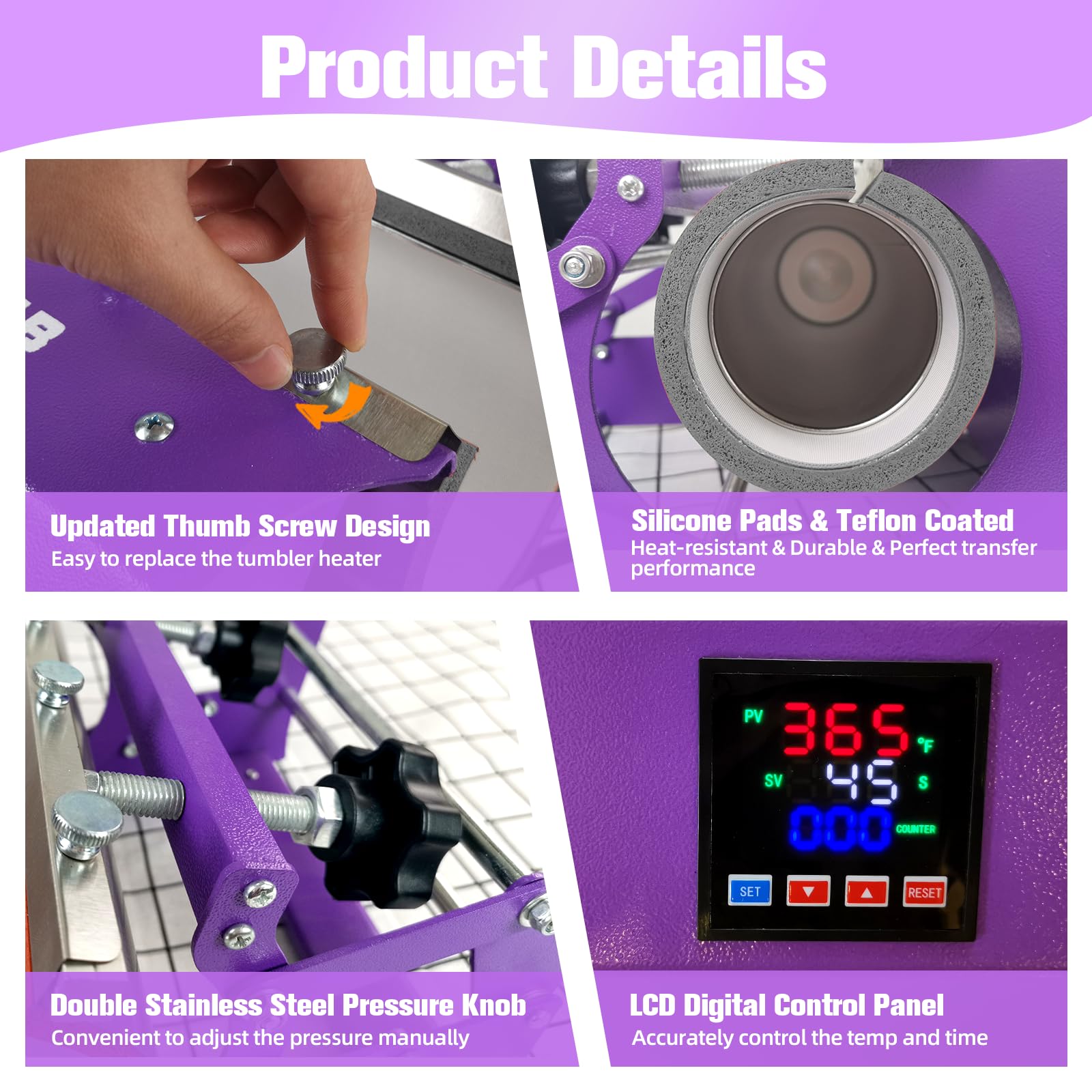 BetterSub 3-in-1 Sublimation Heat Press Machine for 11oz-40oz Tumbler Mugs - Compatible with 11oz, 15oz, 16oz, 20oz, 30oz & 40oz Straight/Skinny Tumblers - Purple Heat Transfer Mug Press for DIY Crafts, Gifts & Small Business Use