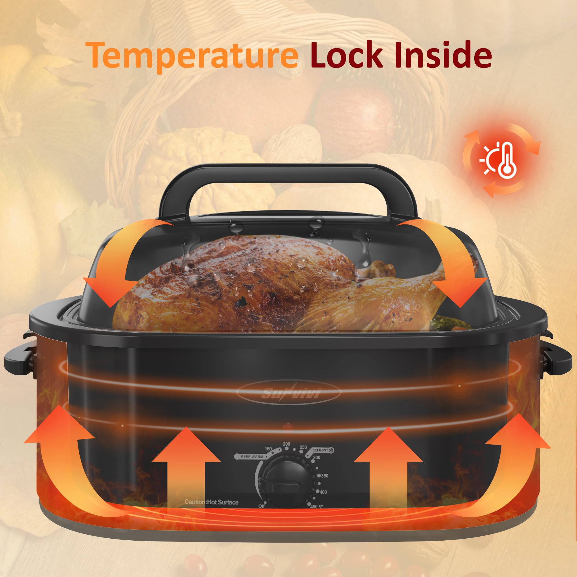 Sunvivi 26 Quart Electric Roaster Oven with Self-Basting Lid - Large Turkey Roaster with Removable Pan & Cool-Touch Handles for Holiday Cooking, Buffet Serving & Family Gatherings - Black
