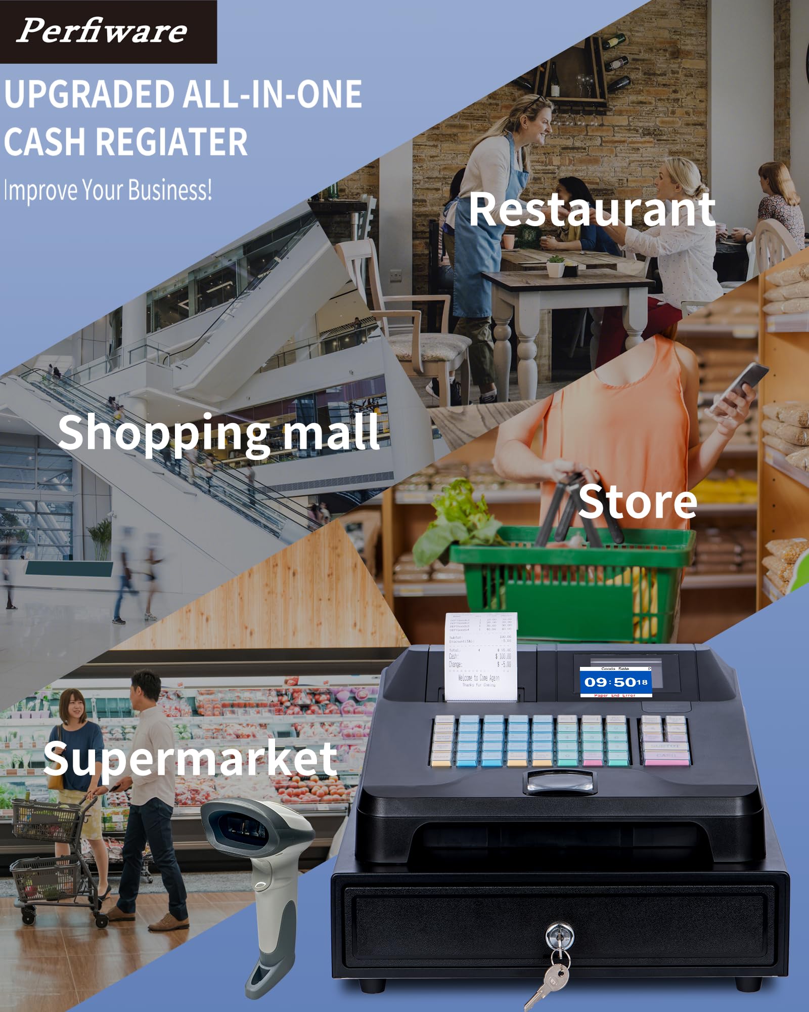 Perfiware Electronic Cash Register for Small Business - Dual Display, Auto Receipt Printer, Cash Drawer & Barcode Scanner - Oil-Proof Keyboard for Retail Stores, Restaurants, Malls & Shops (Perfect for Quick Checkout & Inventory Management)