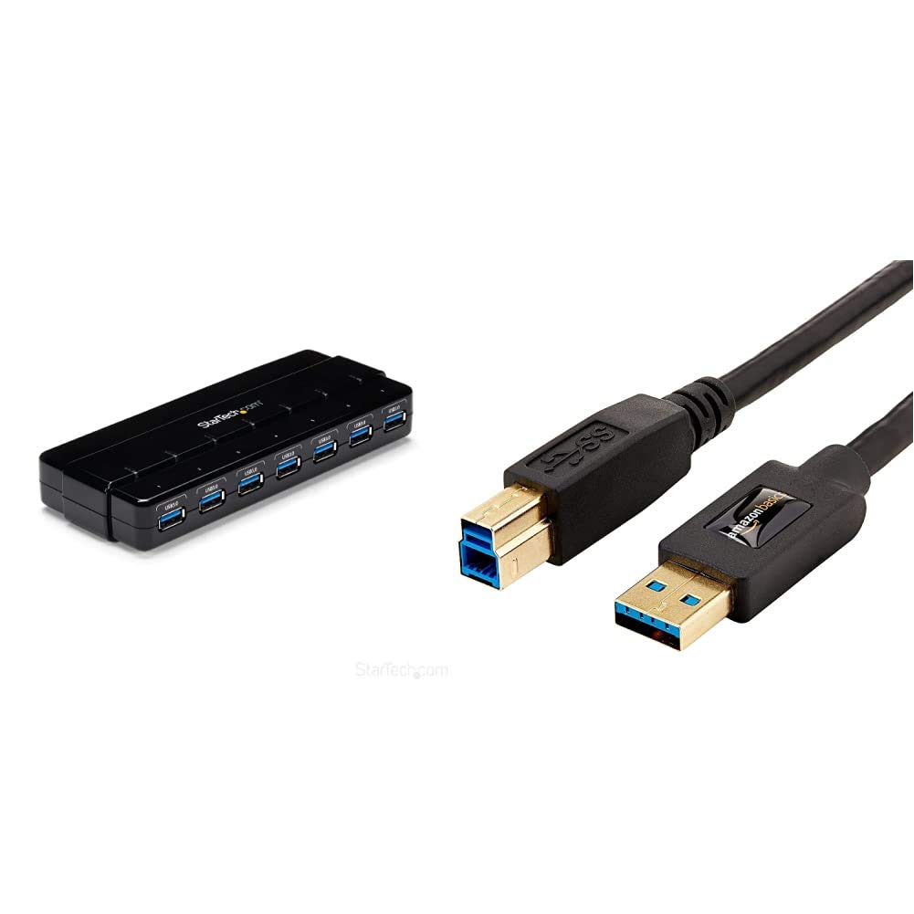 StarTech.com 7-Port USB 3.0 Hub with 5Gbps Data Transfer - Black USB Expansion Hub for Desktop/Laptop - Connect Multiple Devices Like Keyboards, Mice & External Drives | Amazon Basics 6ft USB 3.0 A-Male to B-Male Cable (1.8m) - Perfect for Printers, Scanners & Audio Interfaces