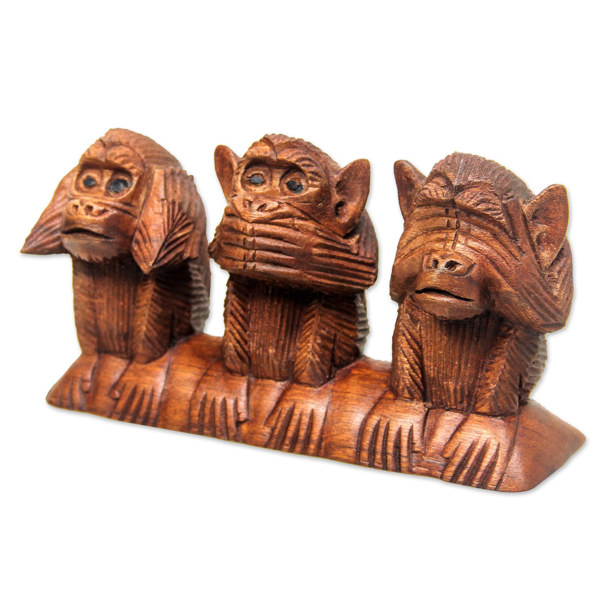 Hand Carved Suar Wood Monkey Proverb Sculpture - 4.5