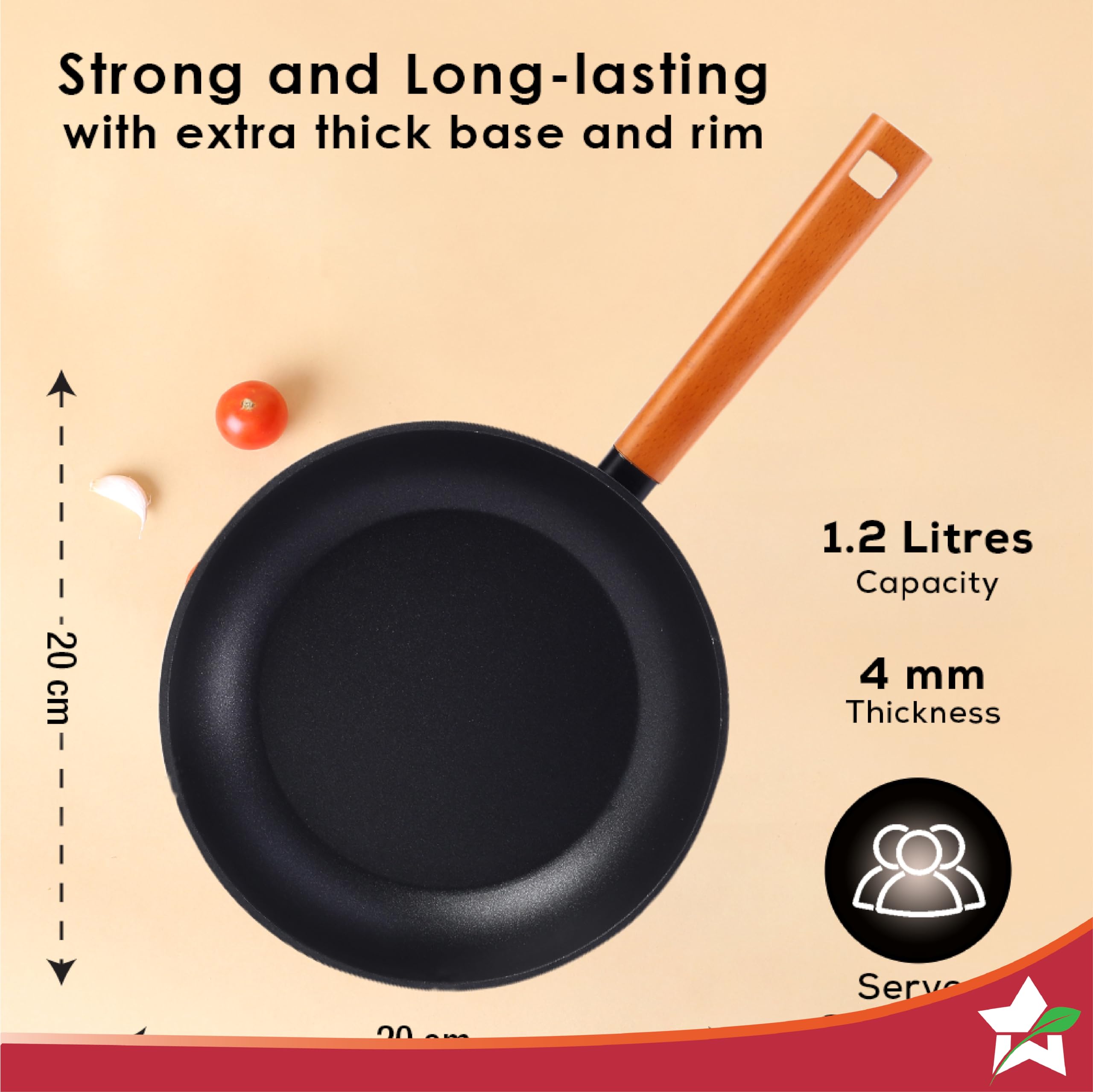 Wonderchef Caesar Forged Virgin Aluminium Fry Pan - 1 LTR, 20cm, Black - Healthy Greblon C3 Non-Stick Coating, PFOA Free - German Beechwood Handles - Perfect for Frying, Sauteing, Roasting - Easy to Clean - Ideal for Home Cooking, Professional Kitchens & Healthy Meal Prep