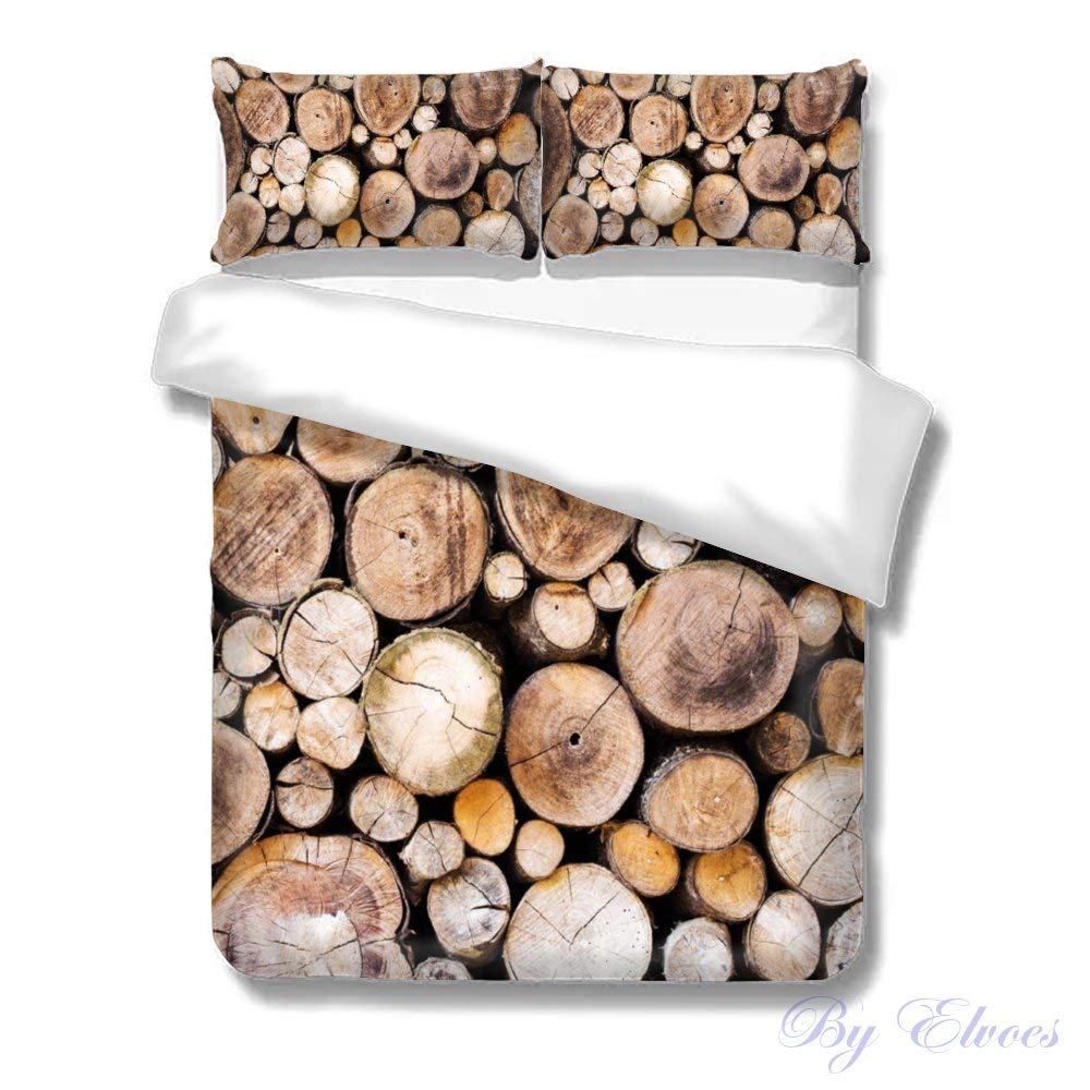 Elvoes King Duvet Cover Set - Wooden Logs & Oak Tree Life Growth Print, Ultra Soft 3-Piece Comforter Cover with 2 Pillow Shams | Rustic Bedroom Decor for Cozy Cabin, Farmhouse or Nature-Themed Rooms