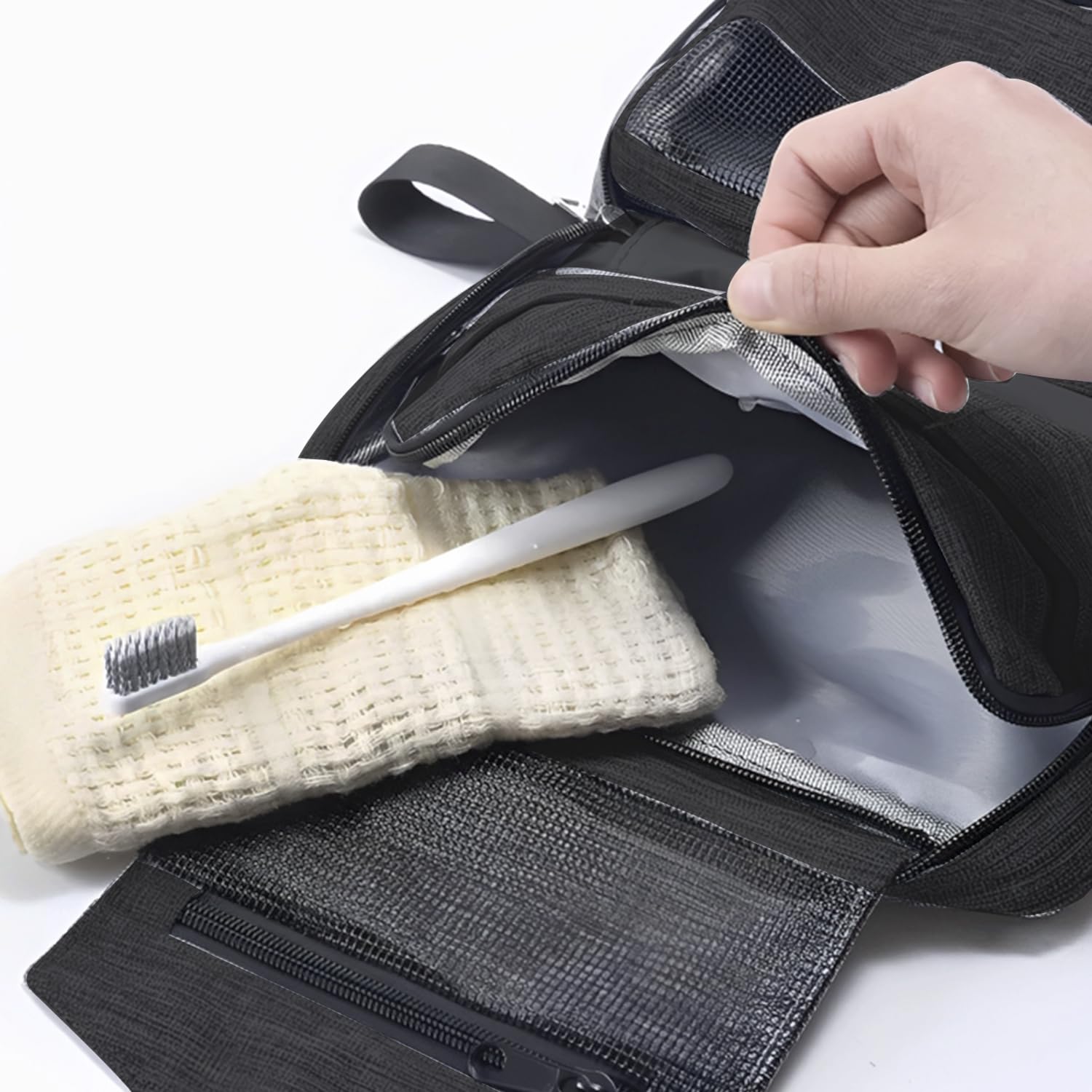 Travel Makeup Bag for Women - Small Cosmetic Organizer with 3 Compartments, Polyester Vanity Pouch for Makeup Brushes & Beauty Essentials (Black) - Perfect for Vacation, Gym & Daily Use