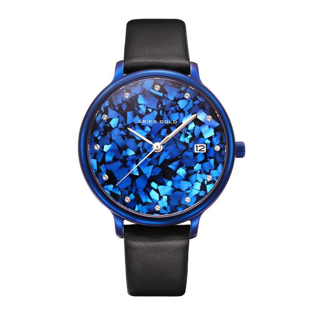 Aries Gold Enchant Fleur Blue Leather Strap Women's Watch - Elegant Timepiece for Casual Wear, Office & Special Occasions