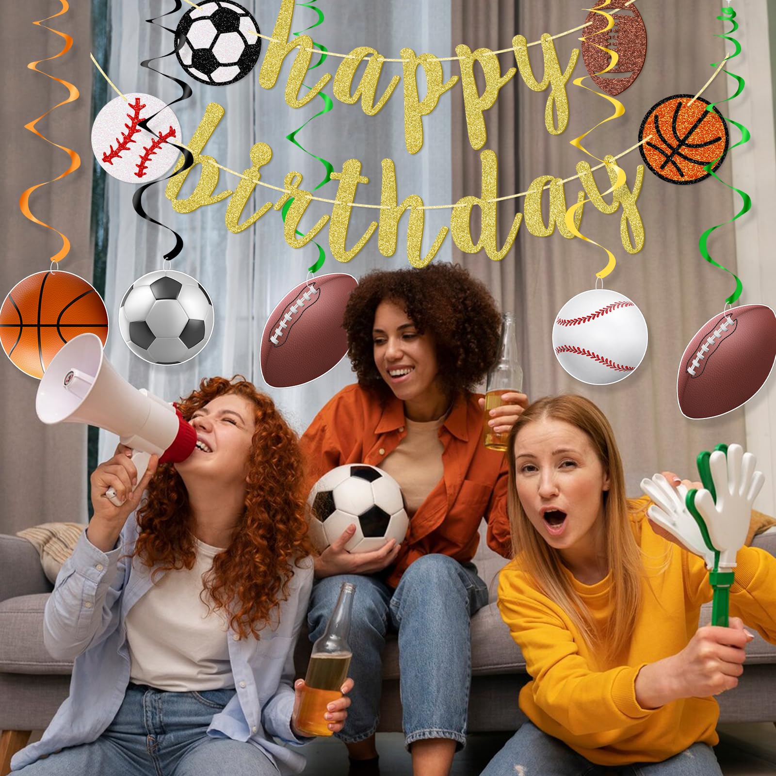 Sports Birthday Party Decorations Set - 10pcs Glitter Sports Banner, Hanging Swirls for Football, Baseball, Soccer & Basketball Theme - Gold | Perfect for Kids' Sports-Themed Birthday Parties & Team Celebrations