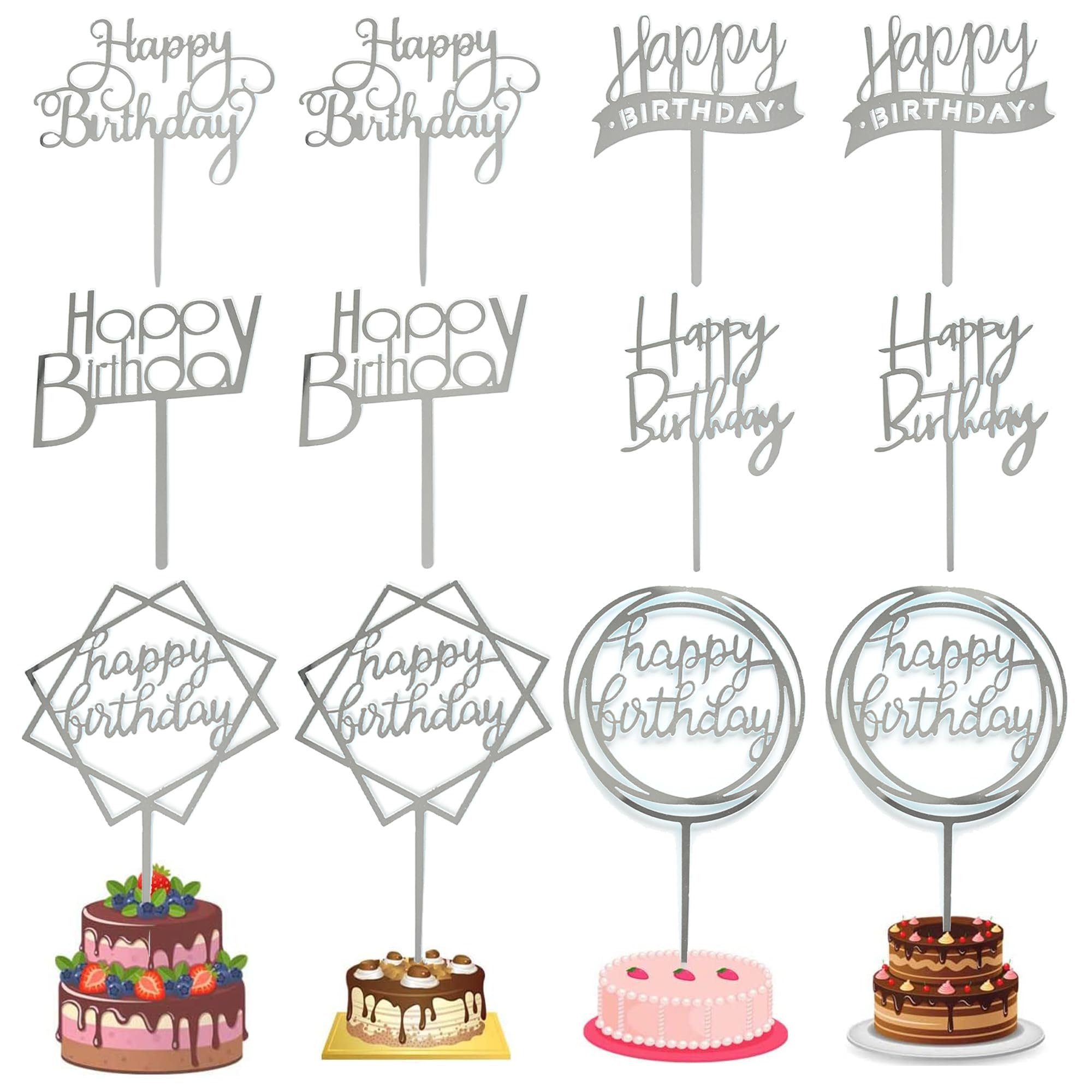 12 Pack Acrylic Birthday Cake Toppers Set - Multi-Style Cake Bunting Decorations with Silver Cake Picks for Party Supplies | Perfect for Birthday Cakes, Cupcakes, Wedding & Baby Shower Decorations