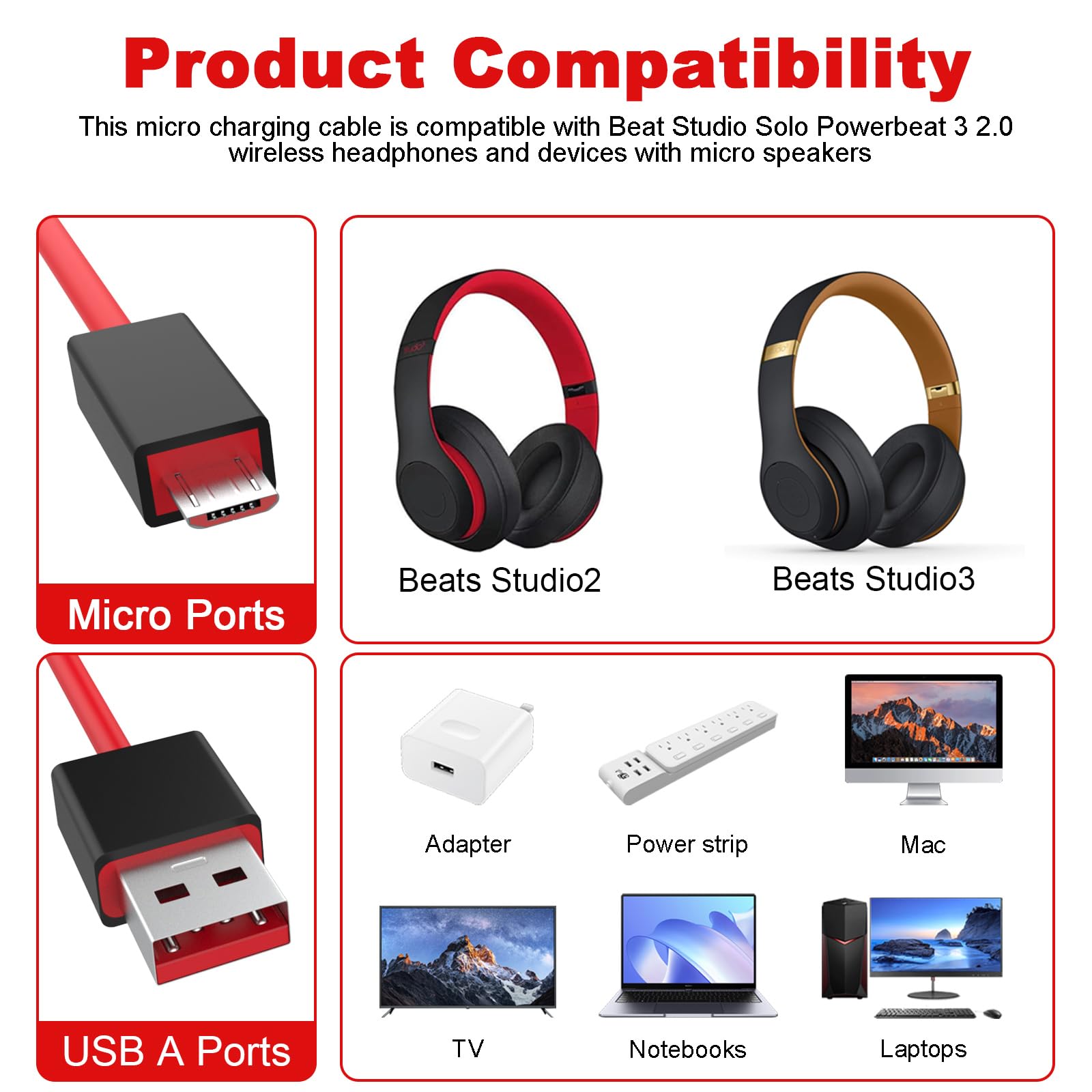 Replacement Micro USB Charger Cable for Beats Powerbeats 2/3, Studio Solo 2/3 Wireless Headphones & Pill Speakers - Fast Charging, Durable (Red) - Perfect for Home, Office, Travel & Gym Use