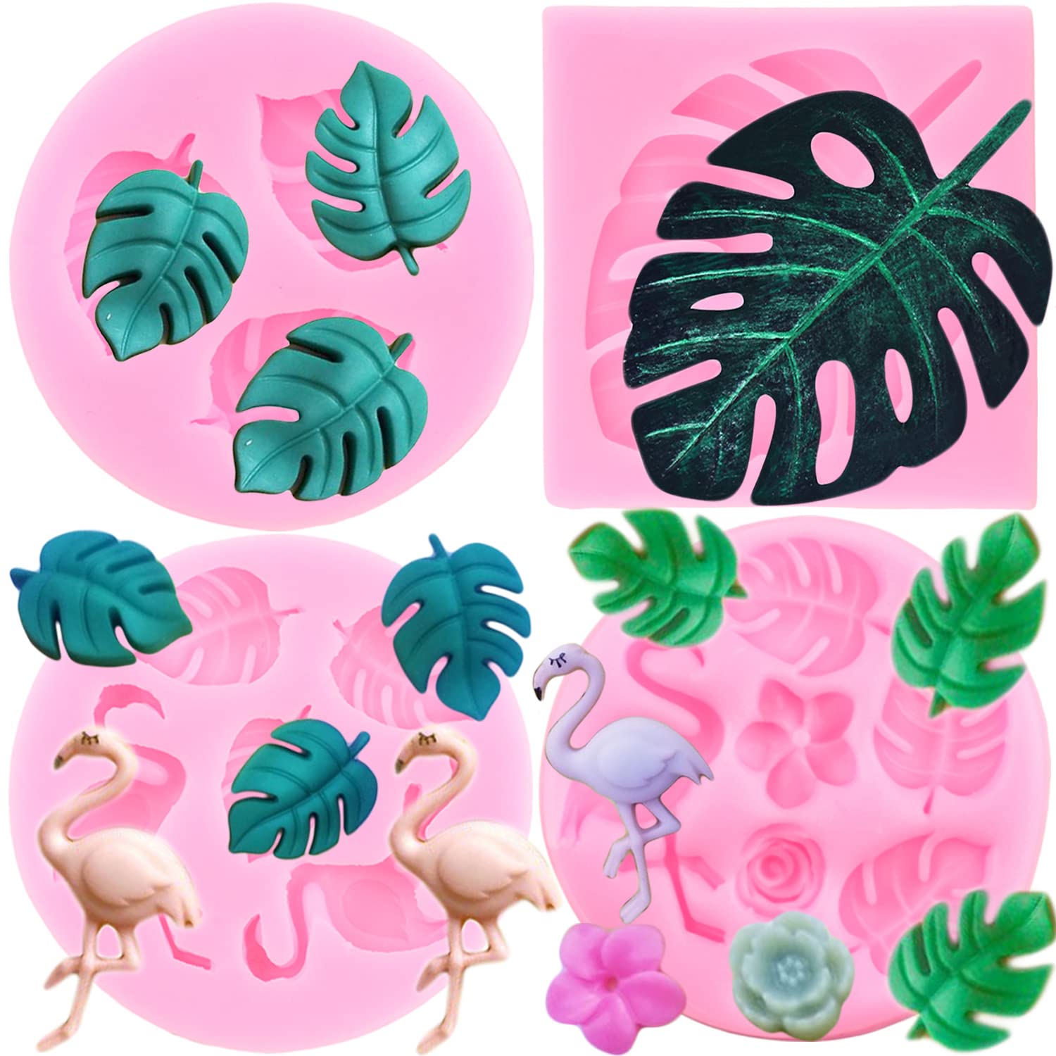 Tropical Leaf Silicone Molds Set of 4 - Flamingo & Monstera Leaves Fondant Mold for Cake Decorating, Cupcake Toppers, Candy, Polymer Clay, Chocolate & Gum Paste - Perfect for DIY Baking, Wedding Cakes, Birthday Parties & Home Decor