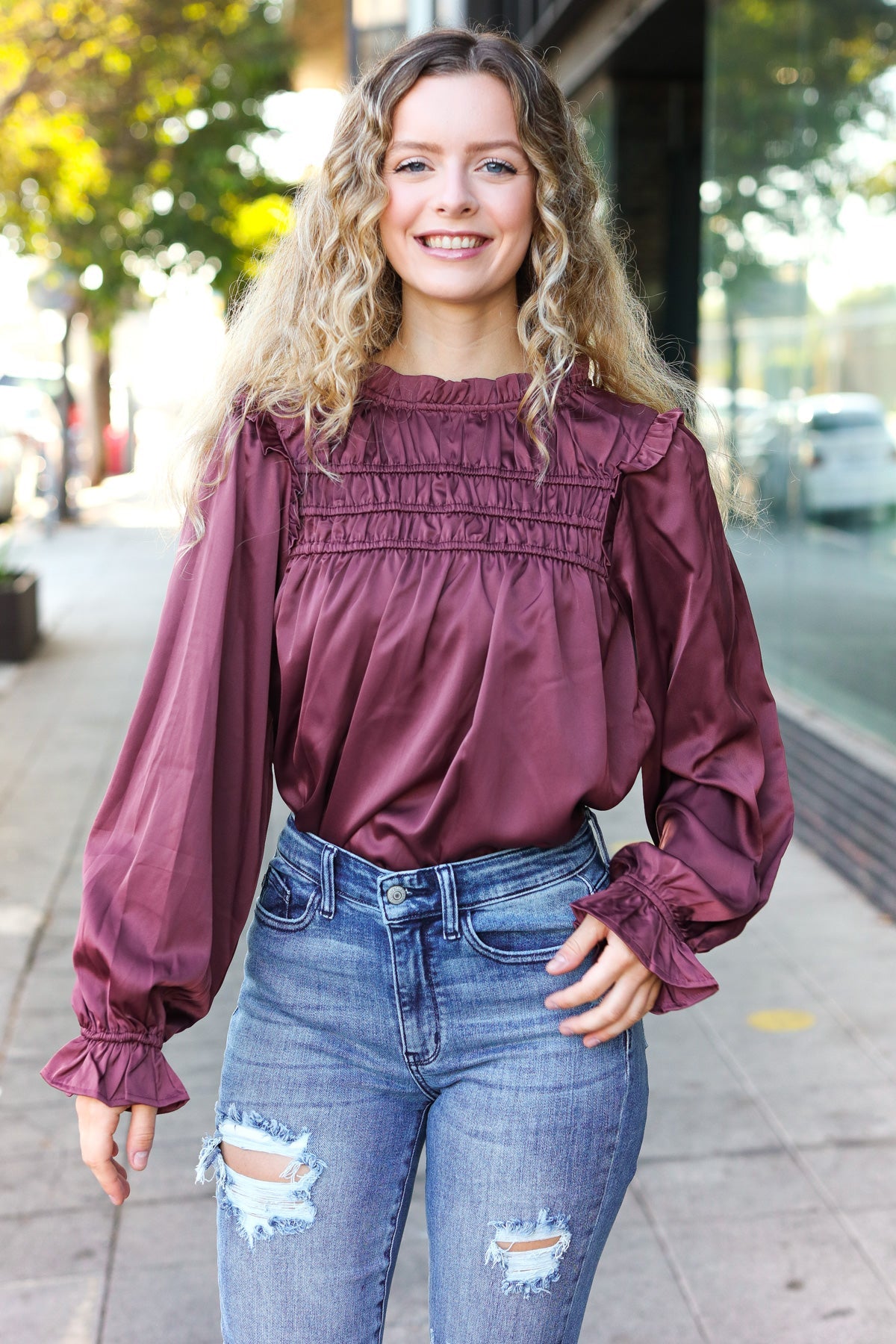 Stylish Wine Satin Shirred Yoke Frilled Mock Neck Top for Women | Elegant Blouse for Date Night, Parties & Special Occasions
