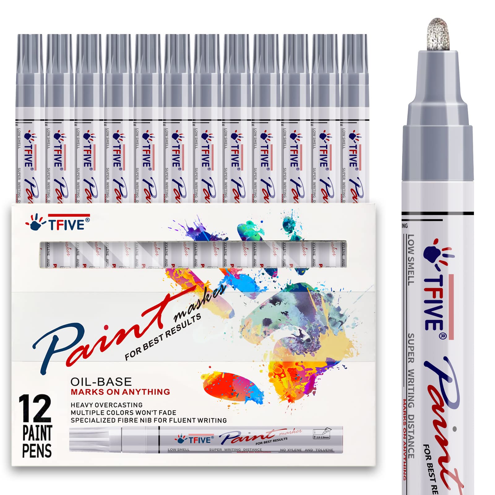 TFIVE 12 Pack Silver Oil-Based Permanent Paint Pens - Medium Tip, Quick Dry, Never Fade, Waterproof Markers for Rocks, Wood, Fabric, Plastic, Canvas, Glass & Metal - Perfect for DIY Crafts, Home Decor, Art Projects & Gift Customization