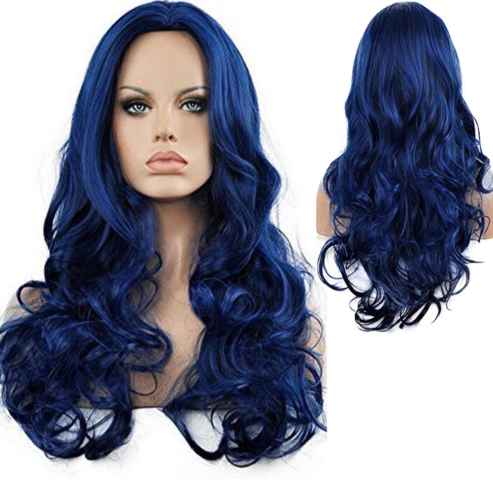 Kaneles Blue Synthetic Wigs for Women - Long Curly Wavy Heat Resistant Cosplay Party Wig | Perfect for Halloween, Costume Parties & Theatrical Performances