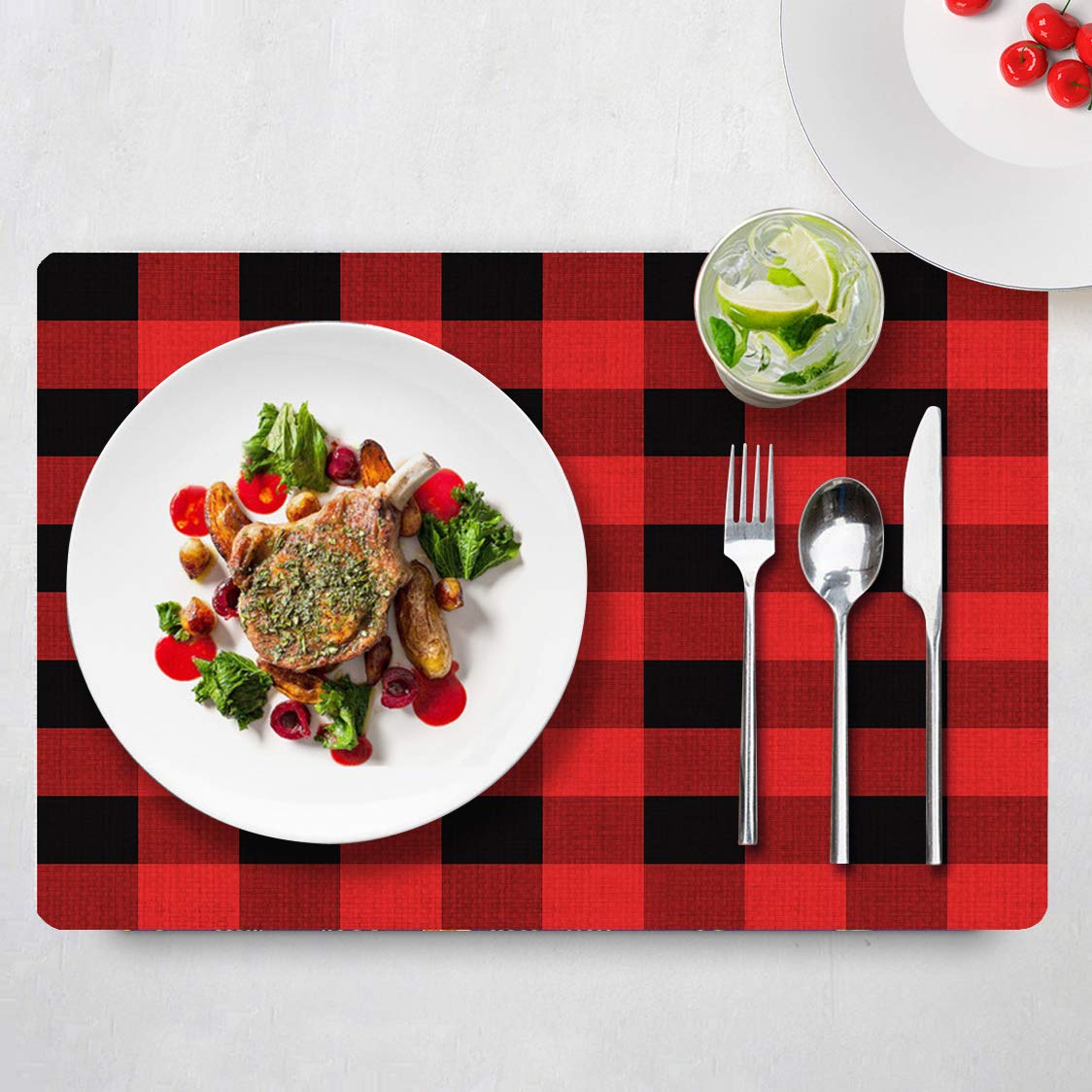 Christmas Table Placemats Set of 4 - 18x12 Inch Buffalo Plaid Linen Placemats in Red & Black | Heat Resistant Dining Mats for Holiday Decor & Dinner Parties