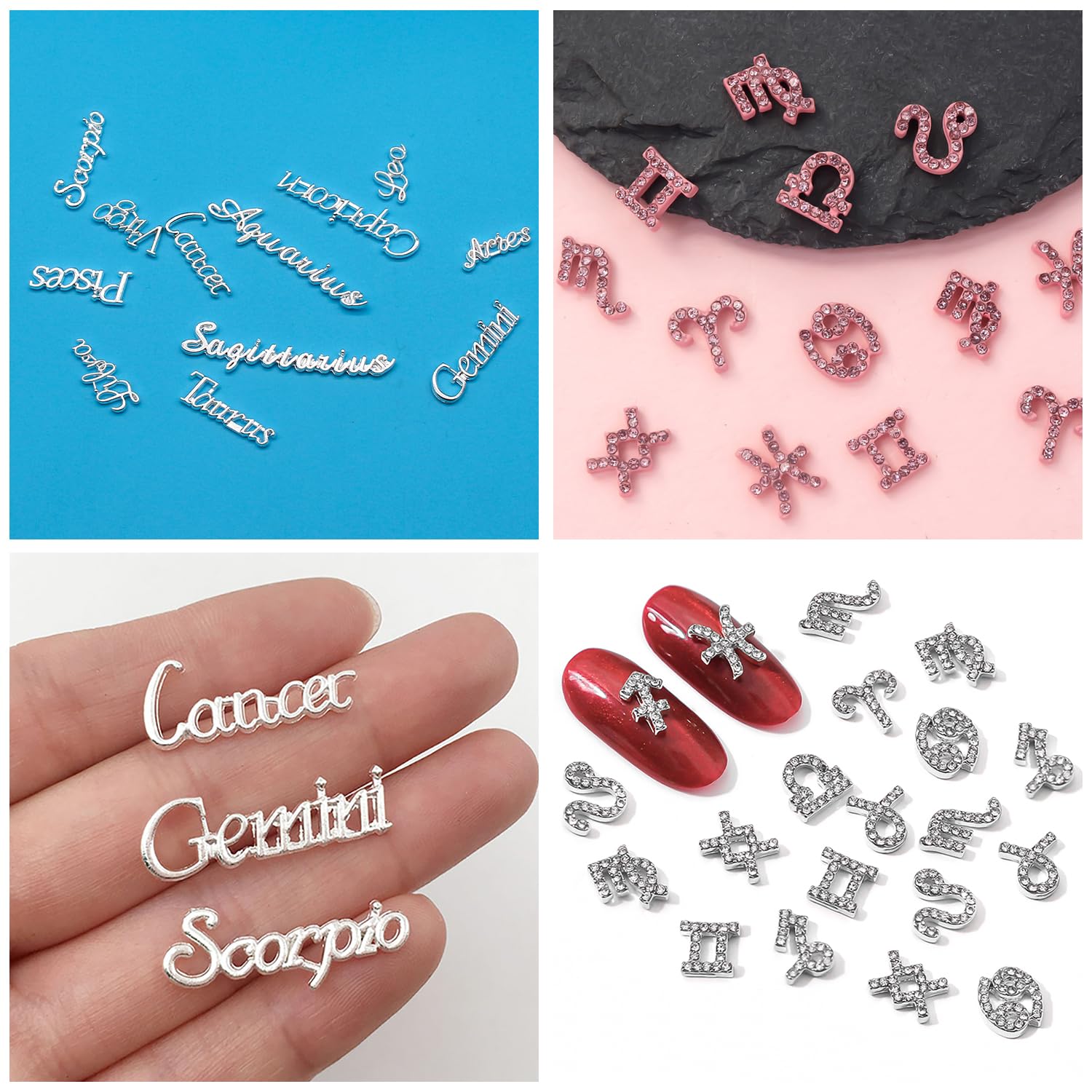 48-Piece Pink & Silver Alloy Zodiac Nail Charms Set - 12 Constellation Nail Studs with Astrological Signs for Women & Girls | Perfect for Nail Art, DIY Manicures, and Zodiac-Themed Party Decorations