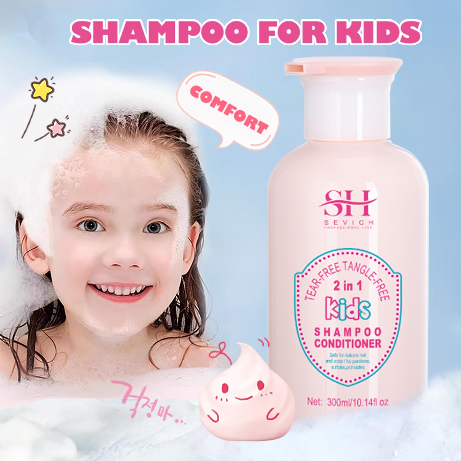 SEVICH Kids 2-in-1 Shampoo & Conditioner - Tear-Free, Hypoallergenic & Sulfate-Free Formula for Gentle Cleansing & Moisturizing - Hydrating for Sensitive Scalp - 10.14 fl oz (300ml) - Perfect for Daily Bath Time & Sensitive Skin Care