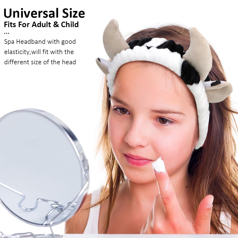 AHONEY Cow Print Fluffy Headband & Wristbands Set - Cute Cow Ears Spa Hair Band for Women, Girls & Kids - Soft Makeup & Skincare Accessories - Perfect for Facial Care, Costume Parties & Birthday Gifts