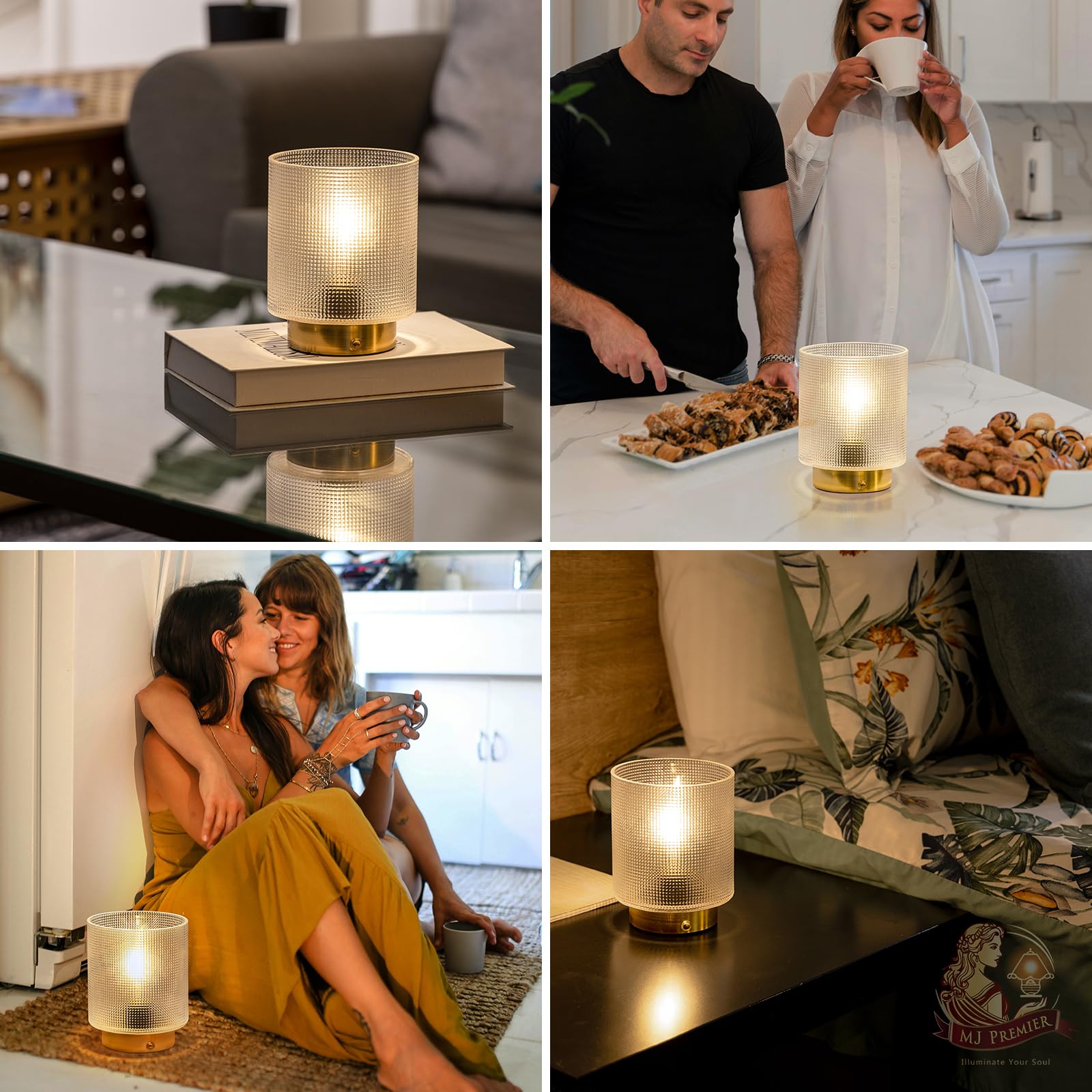 MJ PREMIER Rechargeable Cordless Table Lamp - Dimmable Touch Control Bedside Lamp with Glass Shade, Battery Operated Night Light for Bedroom, Living Room, Office & Home Decor | Perfect for Reading, Relaxing & Ambient Lighting