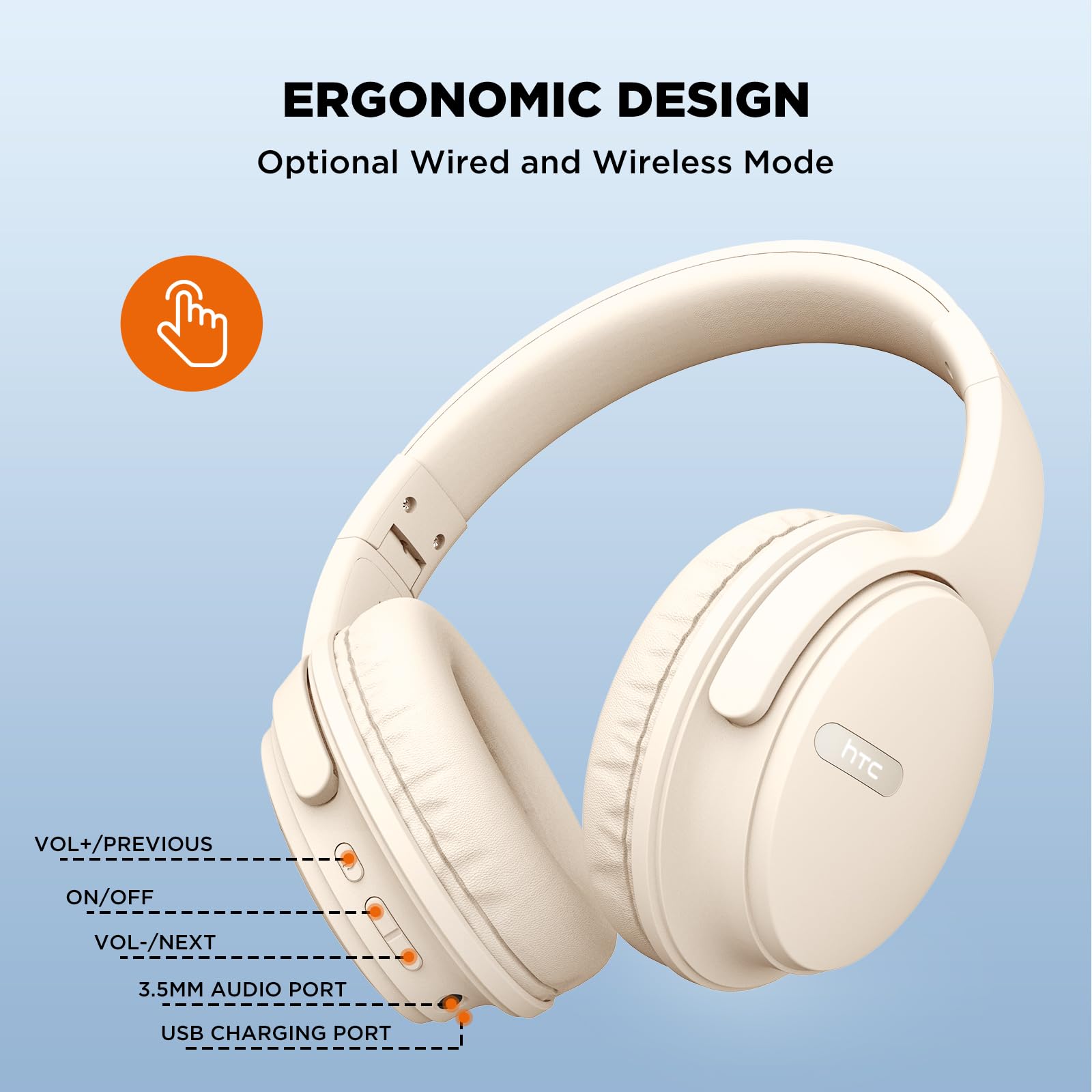 HTC Wireless Bluetooth Over-Ear Headphones with Built-in Mic, Foldable Lightweight HiFi Stereo Headset for Travel, Work, Gaming - Compatible with Laptop, PC, Cellphone (Black) - Perfect for Commuting, Office & Home Entertainment