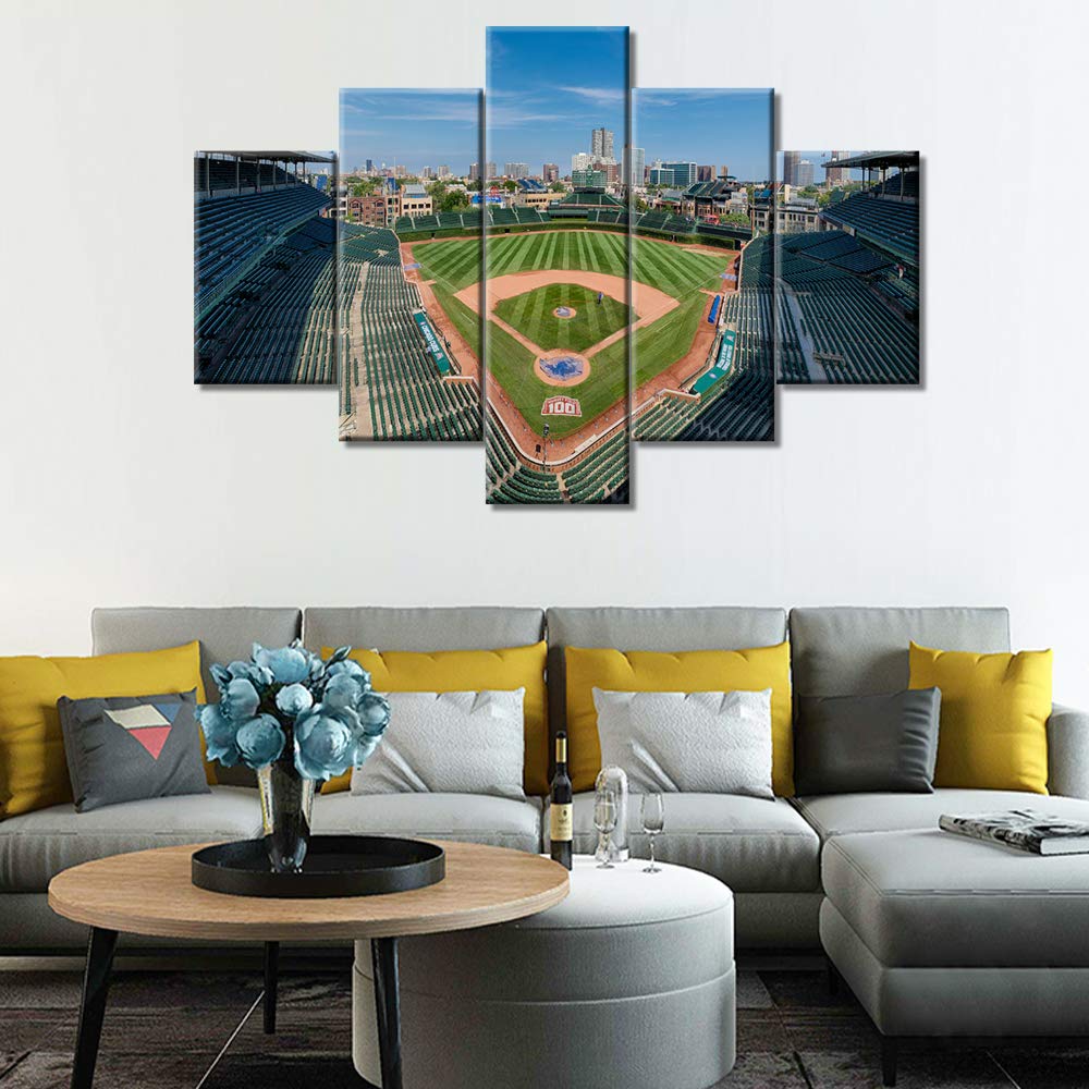 TUMOVO Large 5-Panel Baseball Stadium Canvas Wall Art - Modern Baseball Field & Skyline Gallery-Wrapped Framed Print (60