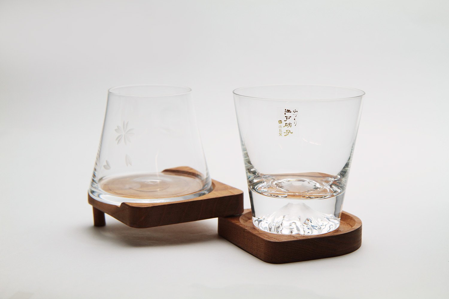 Premium Tajima Glass Mount Fuji Set - Clear Fujisan Hoei Glass with Wooden Coaster - Elegant Japanese Home Decor & Gift for Tea Lovers, Whiskey Enthusiasts, and Collectors