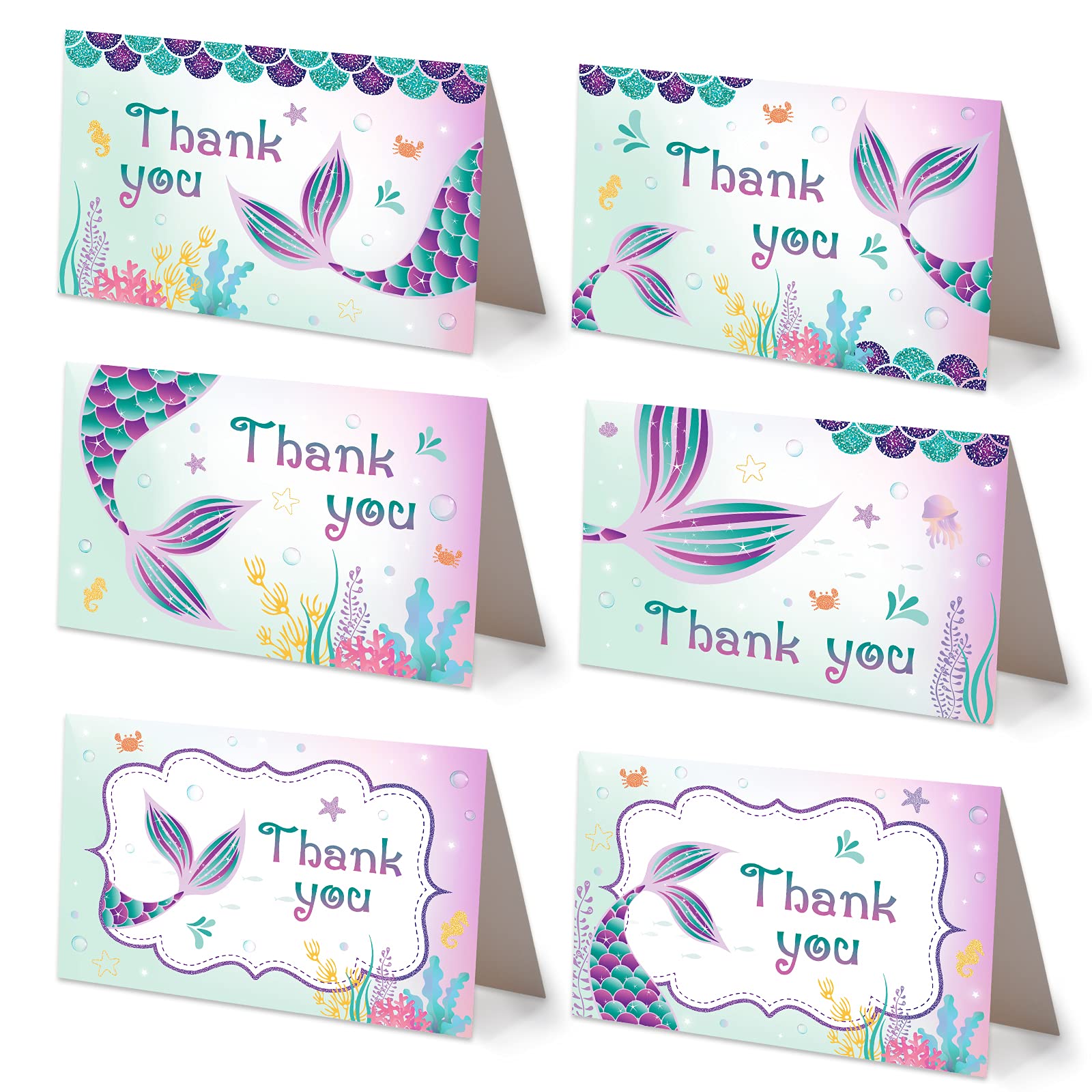 WERNNSAI Mermaid Thank You Cards - 24 Sets with Envelopes for Birthday Gifts & Party Favors