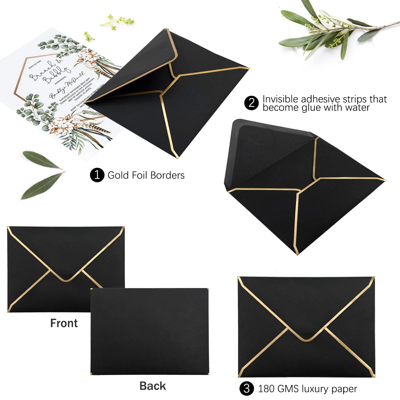 50 PCS A7 5x7 Invitation Envelopes - Premium Black Mailing Envelopes for Wedding, Graduation Cards | Perfect for Formal Events, Party Invitations & Special Occasions