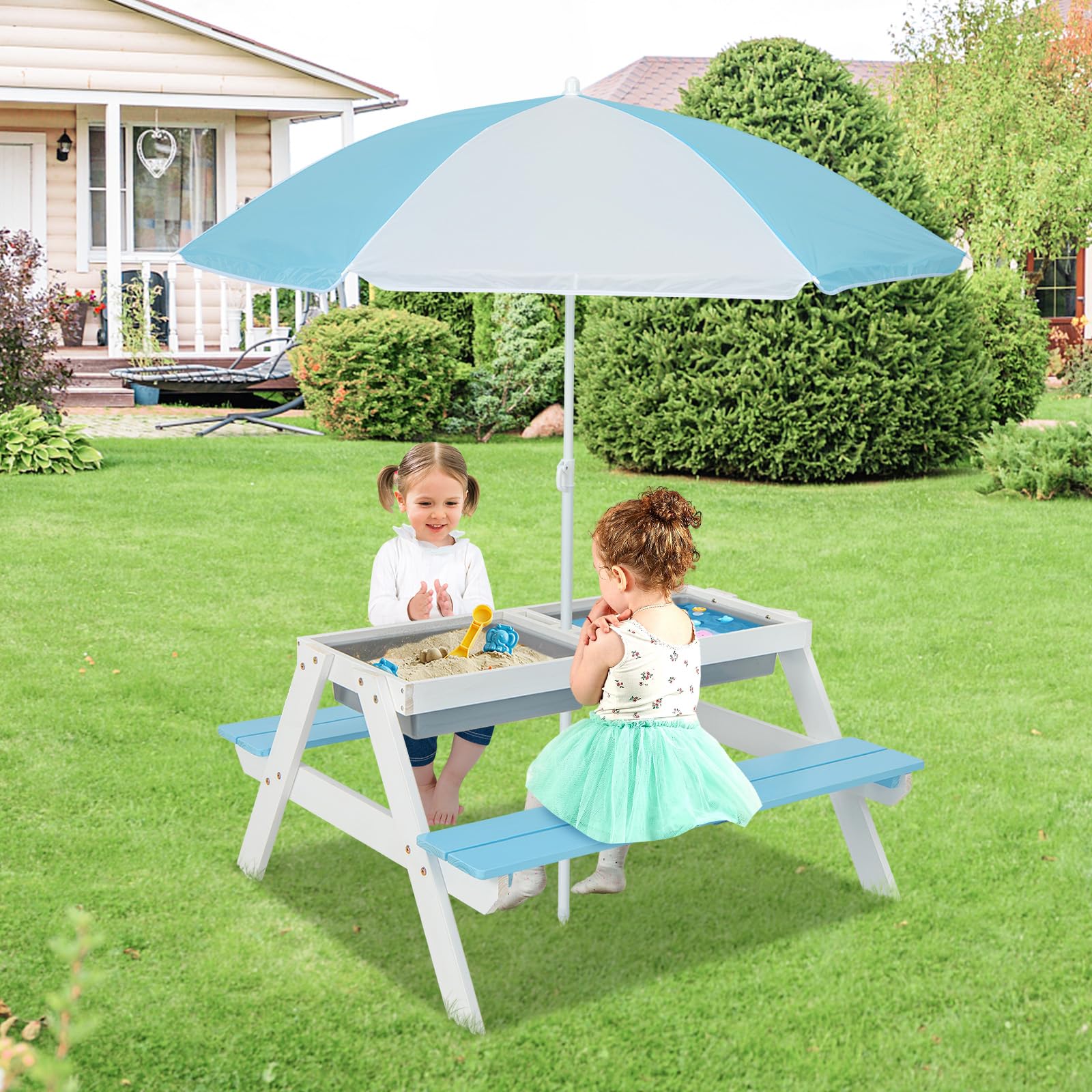 Olakids 4-in-1 Kids Picnic Table Set - Outdoor Wooden Toddler Activity Table with Sand & Water Play, Removable Umbrella & Bench Chairs - Perfect for Patio, Garden, Backyard & Playtime Fun