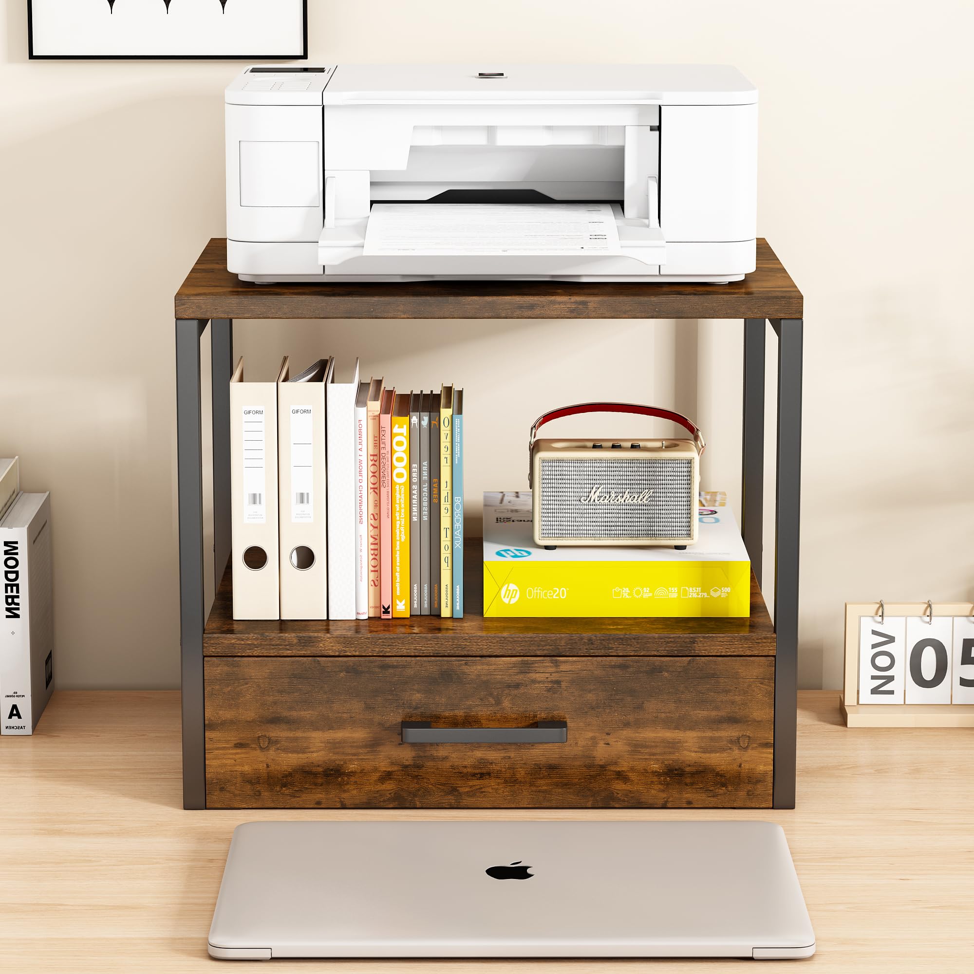 2-Tier Heavy Duty Printer Stand with Storage Drawer - Multi-Purpose Desk Organizer for Home Office | Perfect for Laser/Inkjet Printers, Scanners & Office Supplies Organization