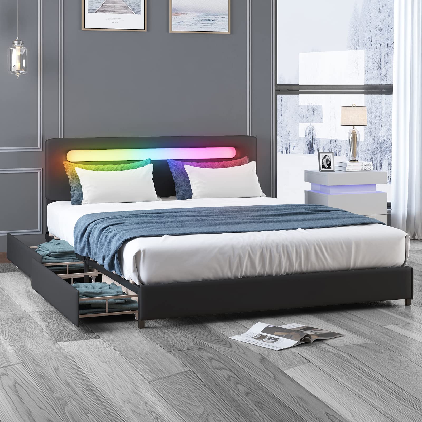 BALUS Full Size Bed Frame with 4 Storage Drawers & RGB LED Headboard - Alexa Compatible Smart Bed with App Control, Music Sync Color Changing Lights, No Box Spring Needed, Easy Assembly (Black) - Perfect for Modern Bedrooms, Gaming Rooms & Smart Home Decor