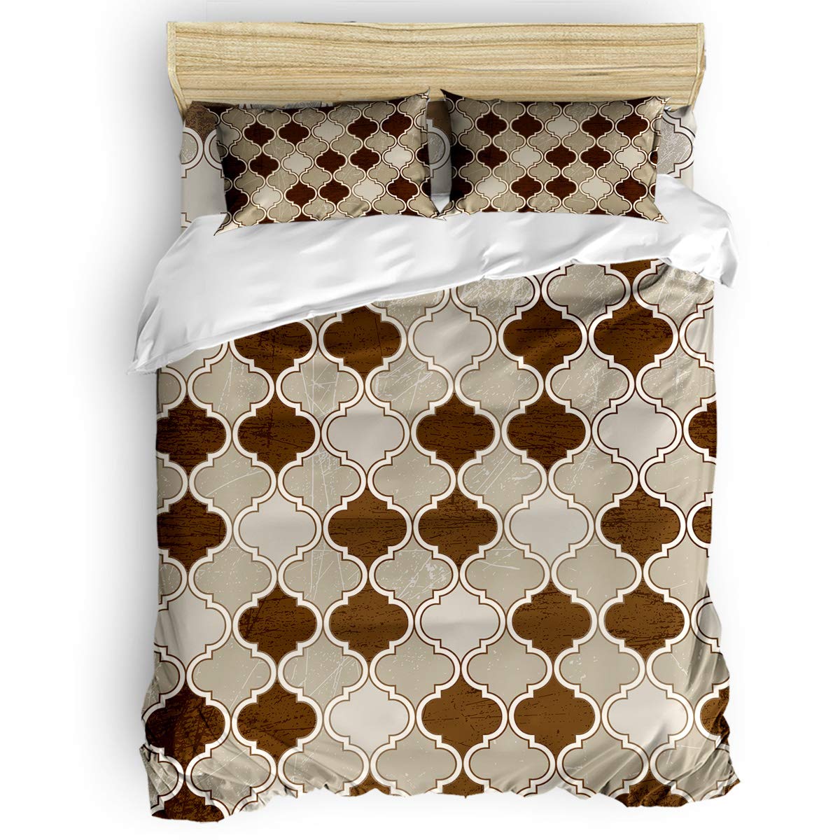 GreaBen Queen Size Duvet Cover Set - 4 Piece Moroccan Pattern Bedding Set with Zipper Closure (1 Duvet Cover, 1 Fitted Sheet, 2 Pillowcases) for Cozy Bedroom Decor & Guest Room Upgrade
