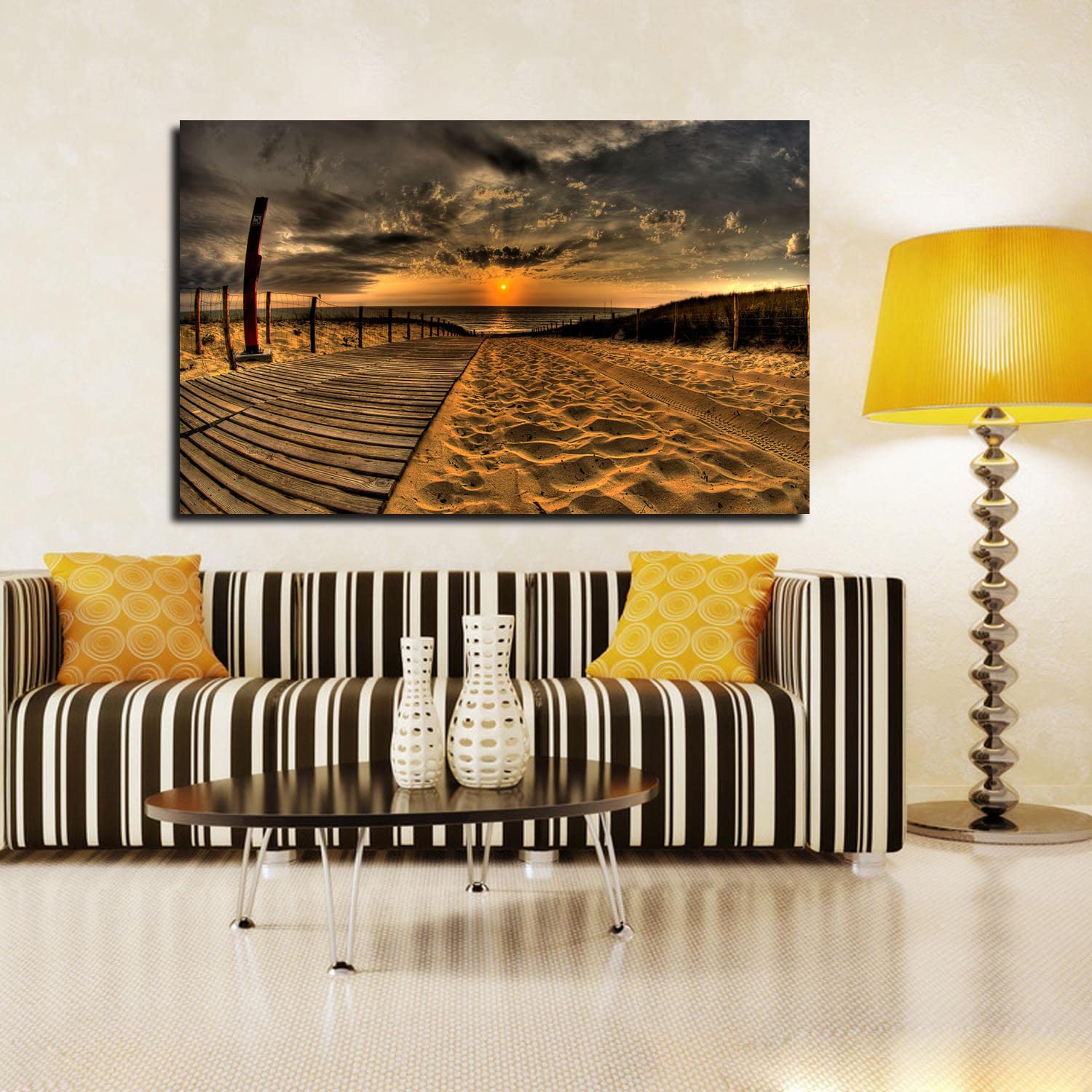 Beach Sunset Canvas Art - Framed Landscape Wall Painting for Home, Office, Bedroom Decor - Ready to Hang - Perfect for Coastal & Boho Interior Design