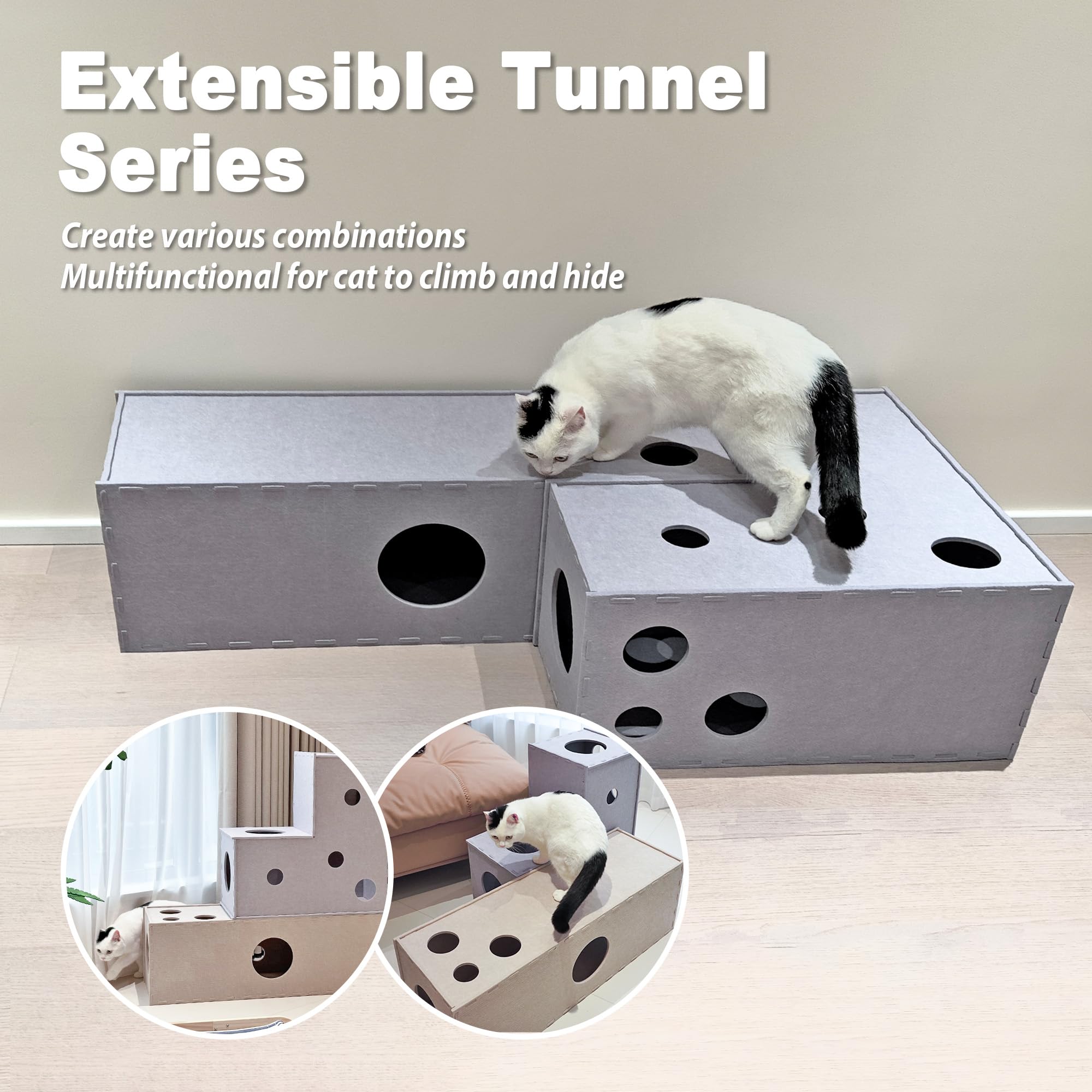 Meeyoview Cat Tunnel - Soft Felt Indoor Cat Play Tunnel with Peekaboo Hideaway Cave, L-Shaped Cat Bed & Interactive Cube Toy for Small, Medium & Large Cats - Perfect for Playtime, Exercise & Stress Relief
